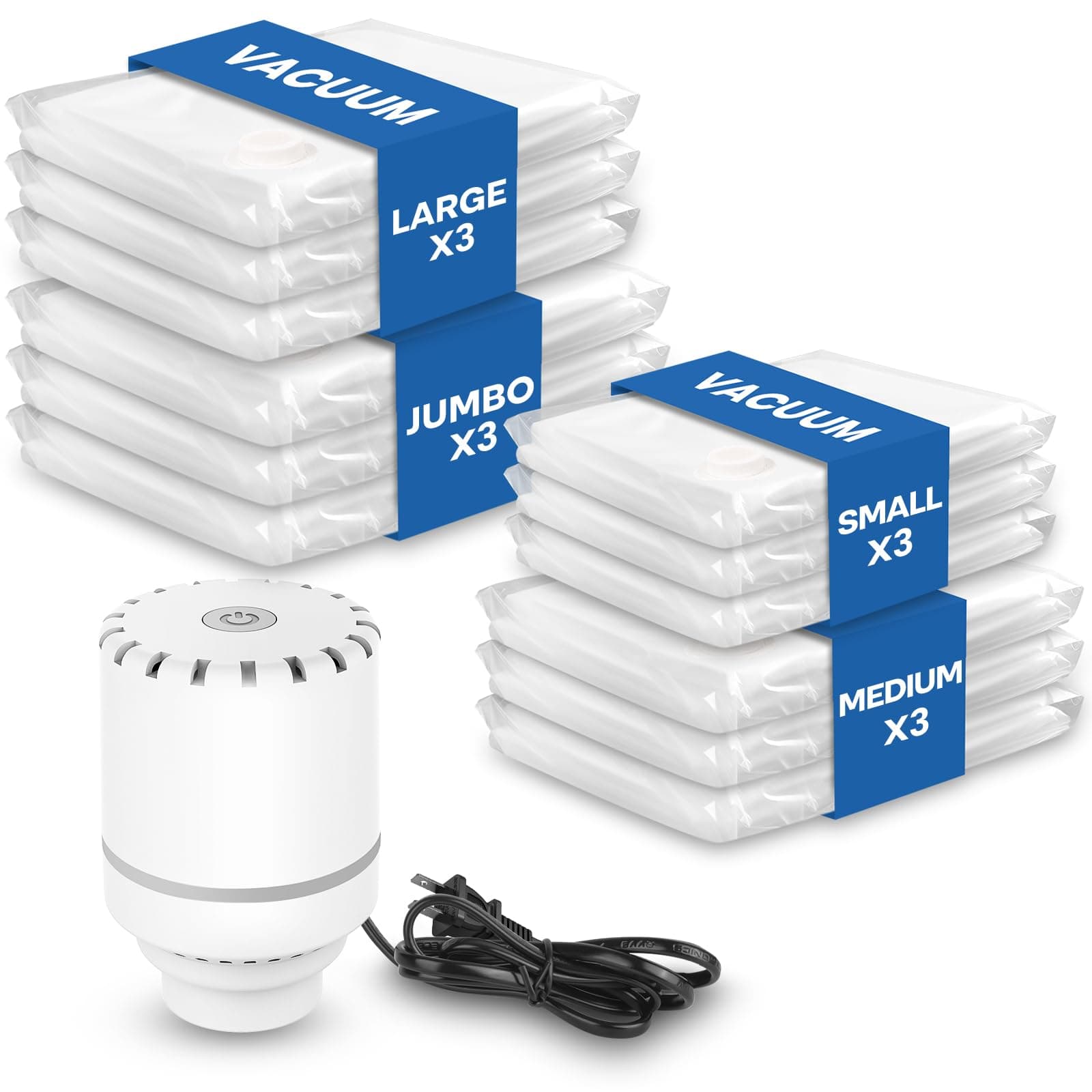 Vacbird Bolsas Vacio Ropa con Bomba Eléctrica, Reutilizables Para el Almacenamiento de Temporada y Artículos de Viaje, 12 Bolsas + Bomba Eléctrica