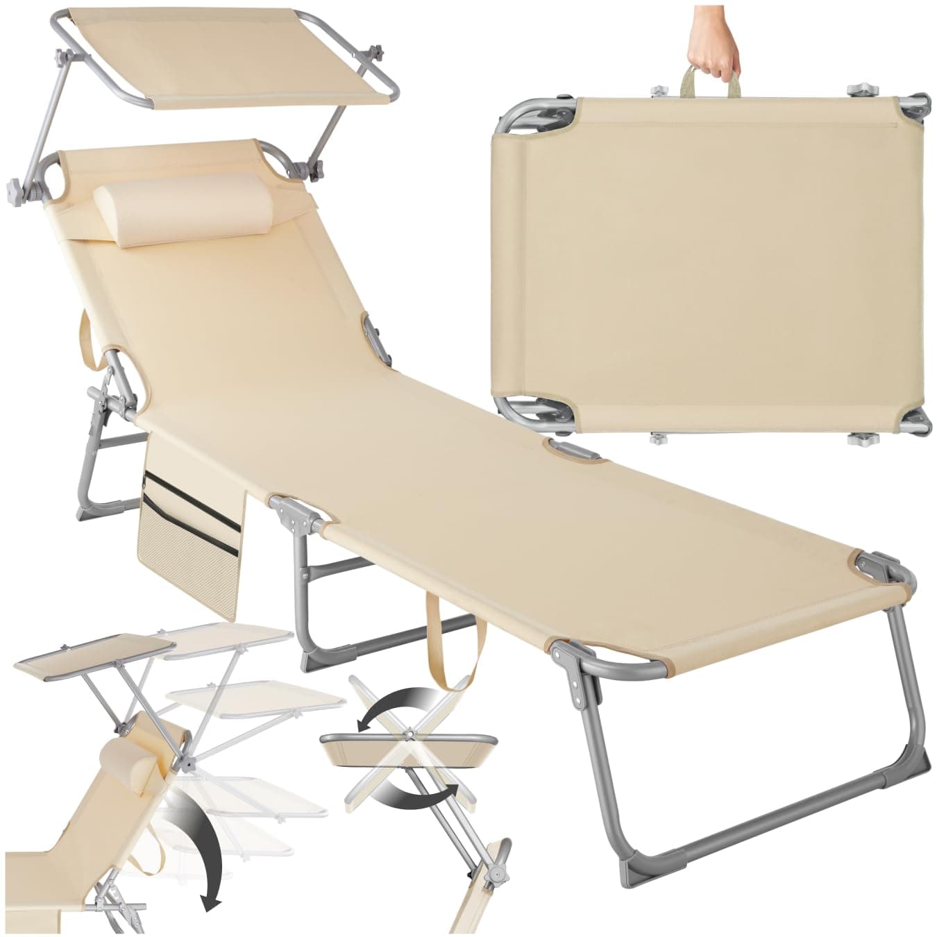 tectake® Sonnenliege klappbar, tragbar, Liege mit Seitentasche, Strandliege, Gartenliege mit Dach, Liegestuhl mit Verstellbarer Rückenlehne, inkl. Kopfkissen - für Balkon, Terrasse, Camping - beige
