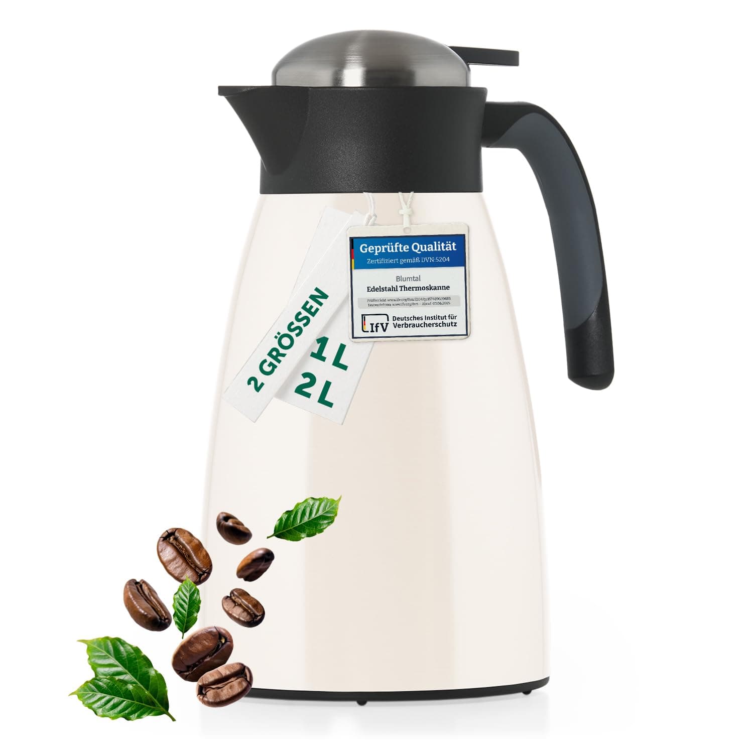 Blumtal Thermoskanne 2 Liter - BPA-freie Teekanne mit Quick Tip Verschluss - auslaufsichere Kaffeekanne Thermo für langanhaltende Isolation - Isolierkanne 2l - Thermoskanne 2l Edelstahl Off-White