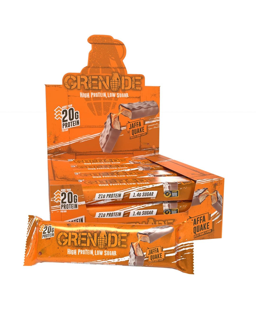 Grenade Barre Hyperprotéinée à Faible Teneur en Glucides - Jaffa Quake, 12 x 60 g