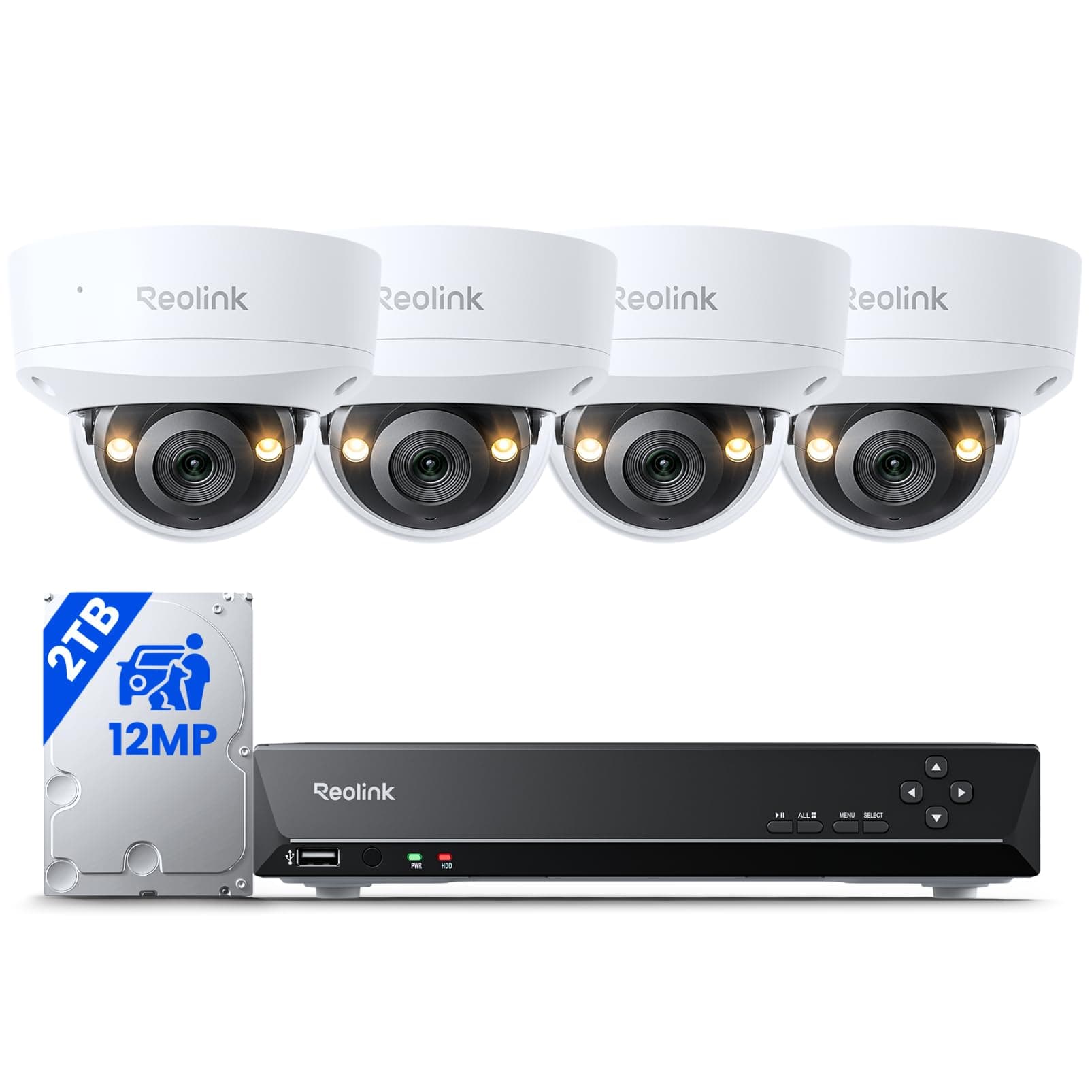 Reolink 12MP Kit Caméra Surveillance Extérieure PoE, Grand Angle 145°, IK10 Anti-Vandalisme, 8CH 2To NVR, Vision Nocturne Couleur, Détection Personne/Véhicule/Animal, Audio Bidirectionnel, RLK8-1200V4