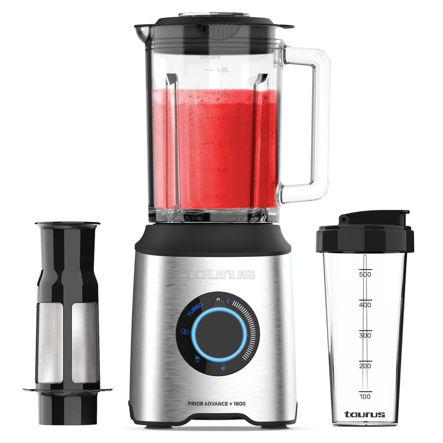 Taurus - Batidora de Vaso Potente 1800W | 20 Velocidades TURBO + 4 Funciones| Picahielo | Smoothie | Apto para Lavavajillas | 6 Cuchillas | Filtro Antipulpa + Vaso Transporte | BPA Free