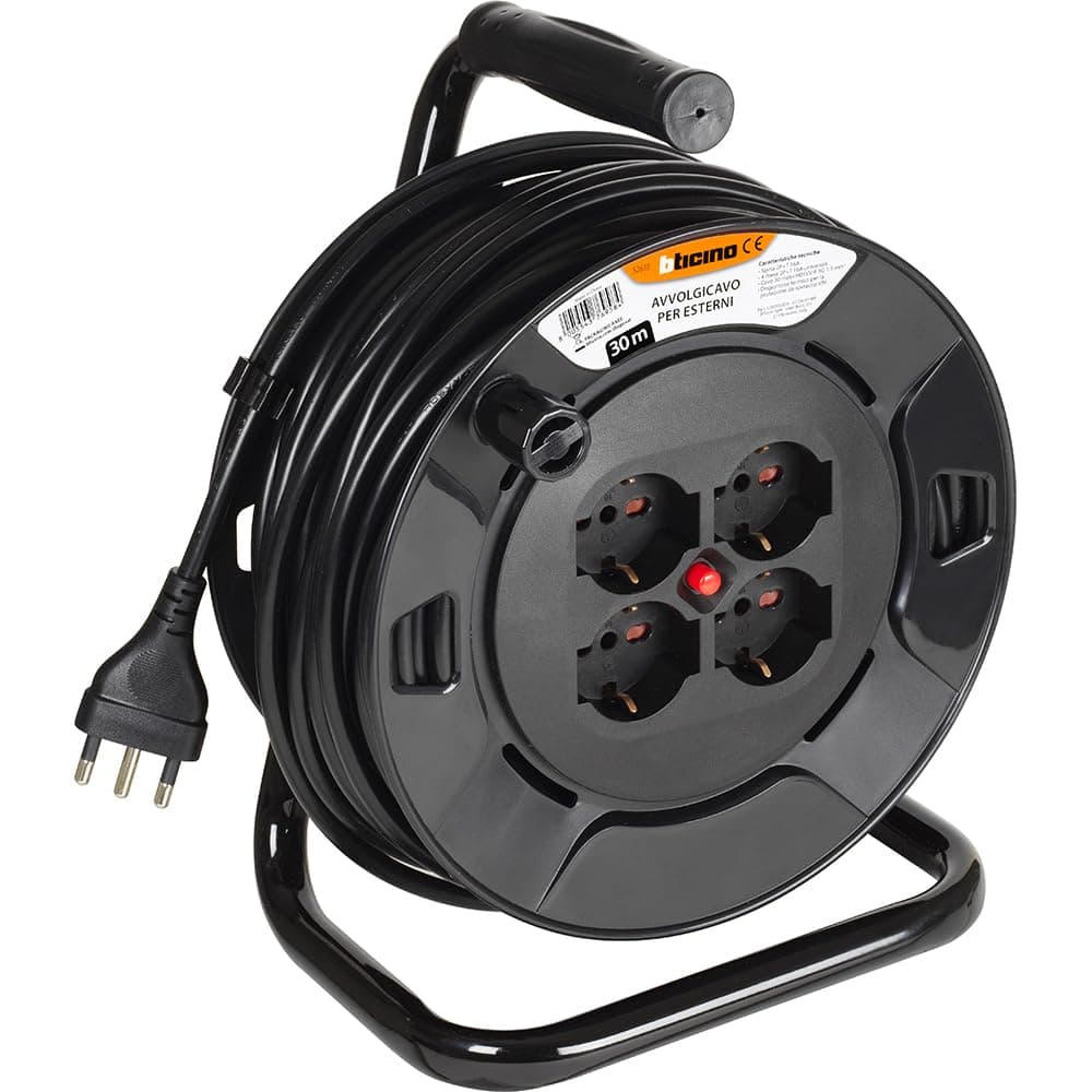 BTICINO Avvolgicavo S2630, Prolunga Elettrica 30 Metri, 4 Prese Polivalenti Schuko Bipasso, Spina Grande 16A, Interruttore Termico, Maniglia Ergonomica, Ferma Cavo e Avvolgicavo, Full Black