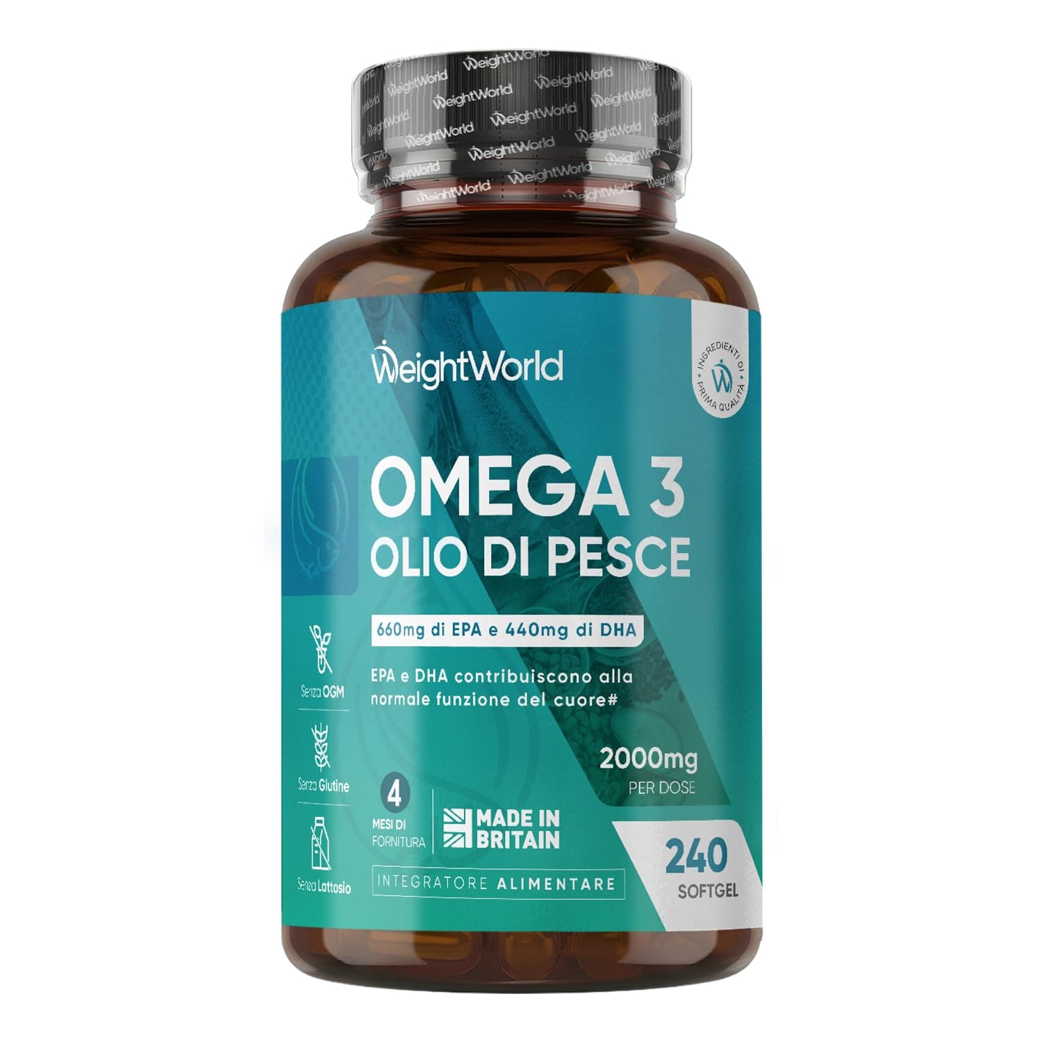 Omega 3 Olio di Pesce da 2000mg, 660mg EPA e 440mg DHA, Integratore Omega3 Fish Oil e Acidi Grassi Essenziali in 240 Softgel (4 Mesi), EPA e DHA Contribuiscono alla Normale Funzione del Cuore (EFSA)