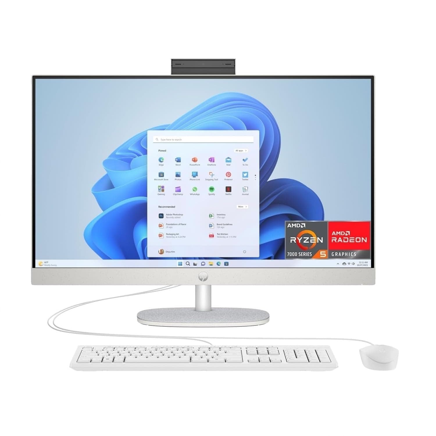 HP 27-cr0011sl, PC All-in-One 27", Display IPS FHD Non Touch, (AMD Ryzen 5 7520U, RAM 16GB, SSD 512 GB, Windows 11), Desktop, Uso quotidiano, Smart Working, QWERTY, Bianco