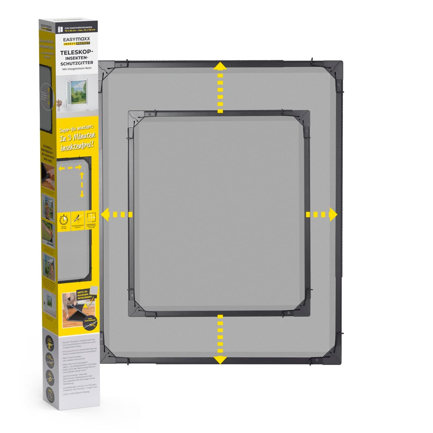 EASYmaxx Insect Protect | Teleskop-Insektenschutzgitter | Fliegengitter Fenster | mit vormontierten Rahmen | ausziehbarer Insektenschutz | integriertes Moskitonetz | anthrazit