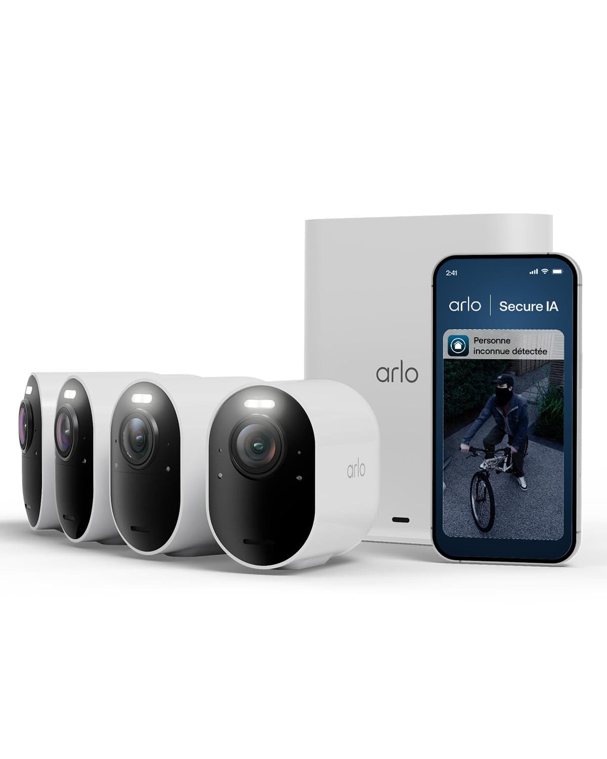 Arlo Ultra 3 4K et Smarthub, Caméra de Surveillance WiFi Extérieure sans Fil, Détection par IA, Vision Nocturne Couleur, Audio bidirectionnel, Compatible avec Alexa, Essai Secure Inclus, 4 Caméras