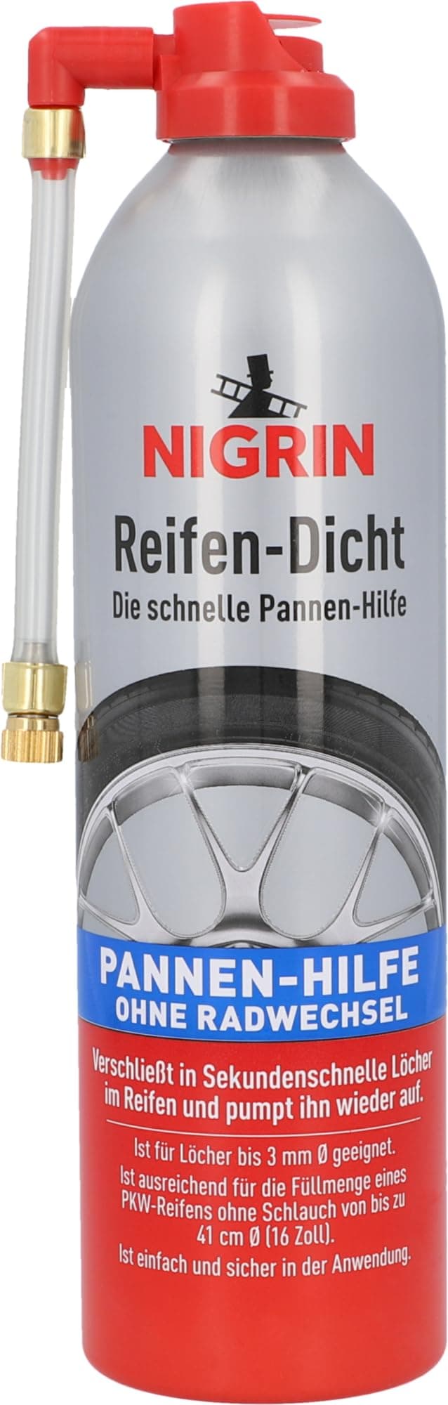 NIGRIN Reifendicht, 500 ml, sofortige Pannenhilfe, Reifendichtmittel repariert Löcher im Reifen im Handumdrehen ohne Montage, Rot,Weiß
