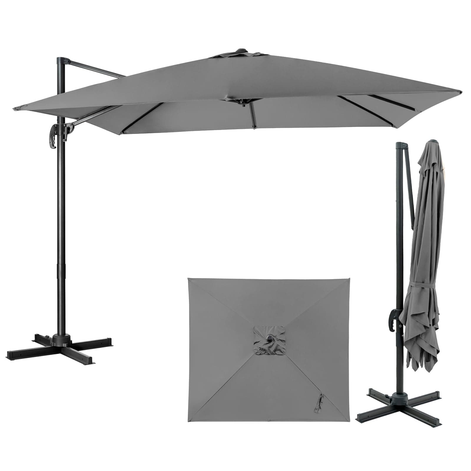 GOPLUS Parasol de Jardin Exterieur, Parasol Déporté 3x3M, avec Toile Inclinable à Double Couche, Manivelle, 8 Baleines, Rotation à 360°, Anti-UV, pour Balcon Terrasse Patio, Gris