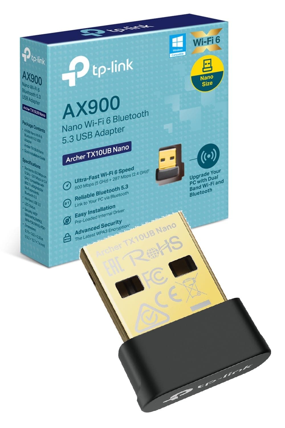 TP-Link Archer TX10UB Nano Clé WiFi 6 AX900 pour PC, Clé USB WiFi Double Bande 2,4/5 GHz, Adaptateur WiFi USB Nano avec Bluetooth 5.3, Dongle WiFi USB, WPA3, Compatible Windows 11/10