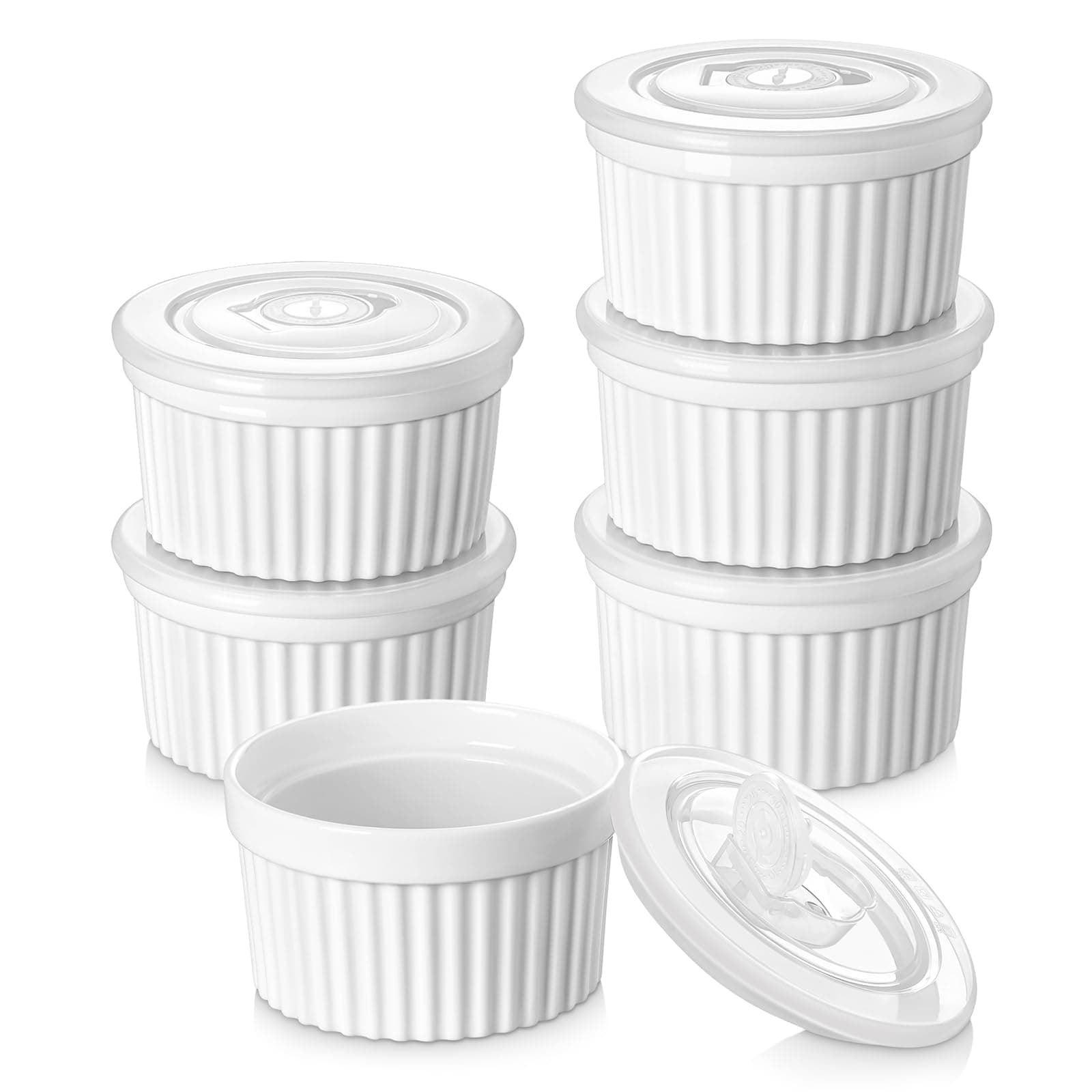 vancasso RAMEKINS 320ml Soufflé Förmchen Set von 6, Ø10,6cm Creme Brulee Schälchen Backofen sicher, Porzellan Soufflés mit Deckel, Kleine Keramik-Schalen, Mini Auflaufformen zum Backen, Weiß
