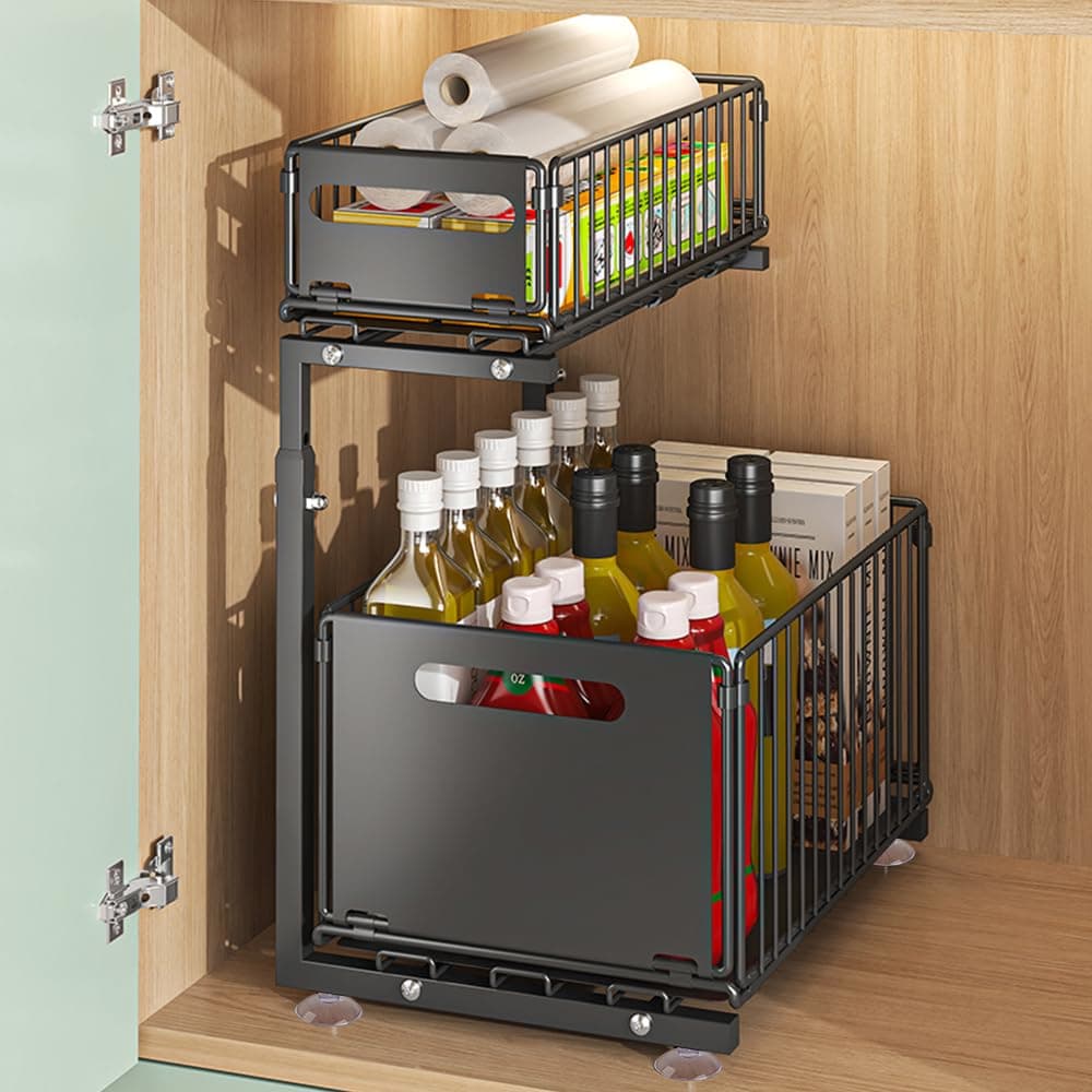 Rangement Sous Evier Cuisine, Range Epices Cuisine Tiroir avec Hauteur Réglable 41-49 cm, 2 étages, Extensible, étagère de Cuisine, Plan de Travail en Métal, pour Salle de Bain, Cuisine (Couche L)