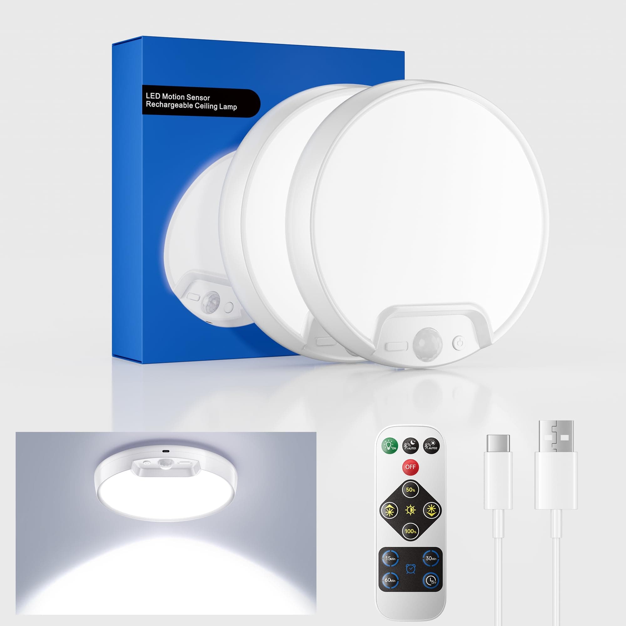 Homelist Plafon LED Techo con Sensor de Movimiento, Lampara Techo sin Cables para Baño Con Mando a Distancia, 8000mAh Luz de Ducha Recargable con Batería, Porche, Escaleras, Garaje, 2 Paquetes