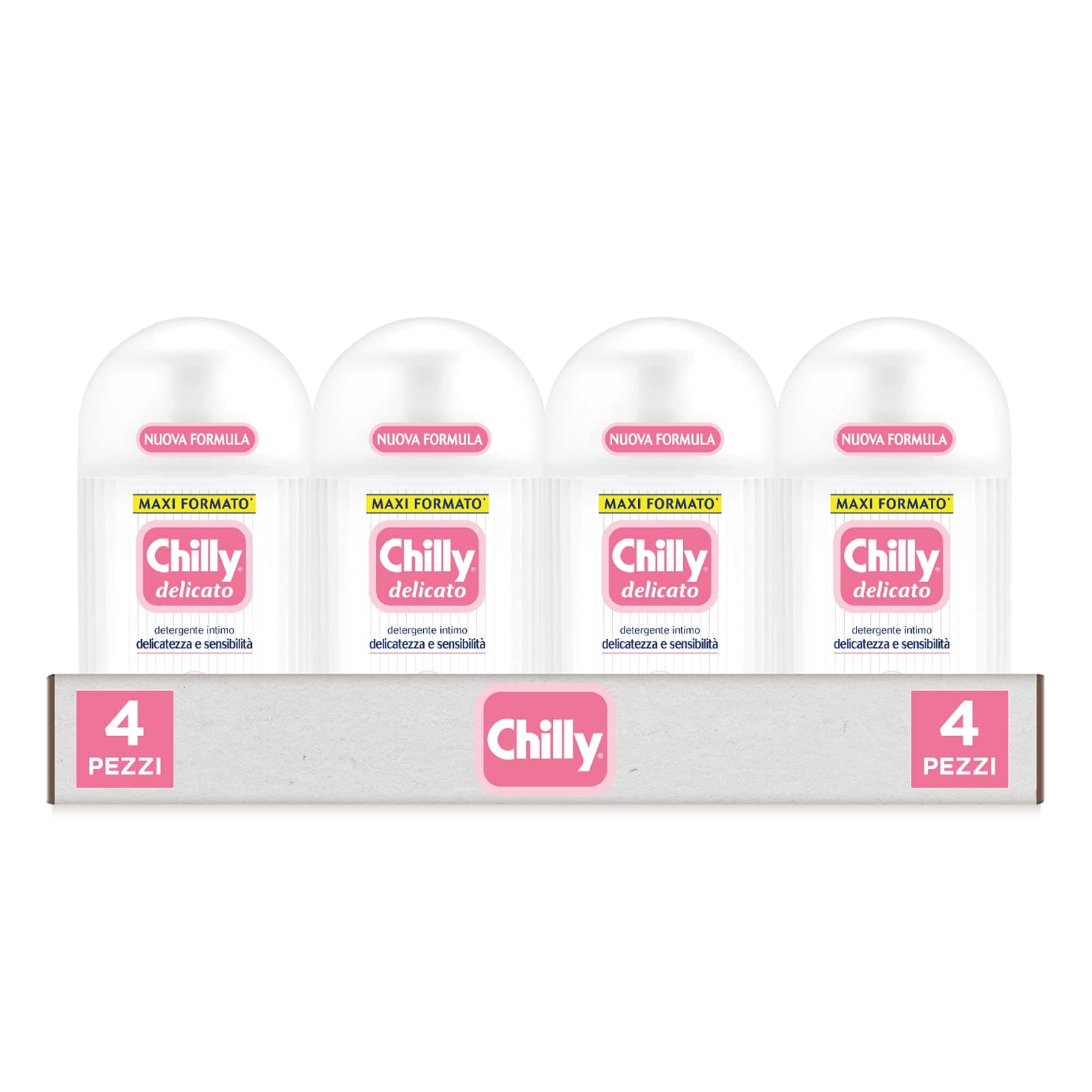 Chilly, Detergente Intimo Delicato, Detergente per l'Igiene Intima con Molecola Antiodore - Formula Delicata e Lenitiva - PH 5, Clinicamente Testato - Confezione da 4 Flaconi da 300 ml