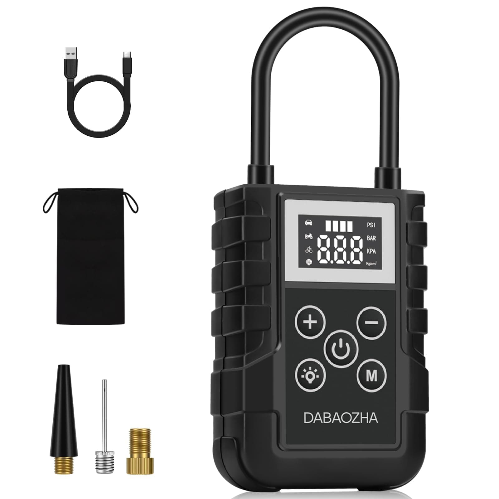 Compressore Aria Portatile, Portable Electric Air Compressor 150PSI, 4 Modalità Mini Compressore Lampada LED, Nuovo 2024 Portable Air Pump per Auto/Bici/Moto/Scooter/Pallone (Nero)