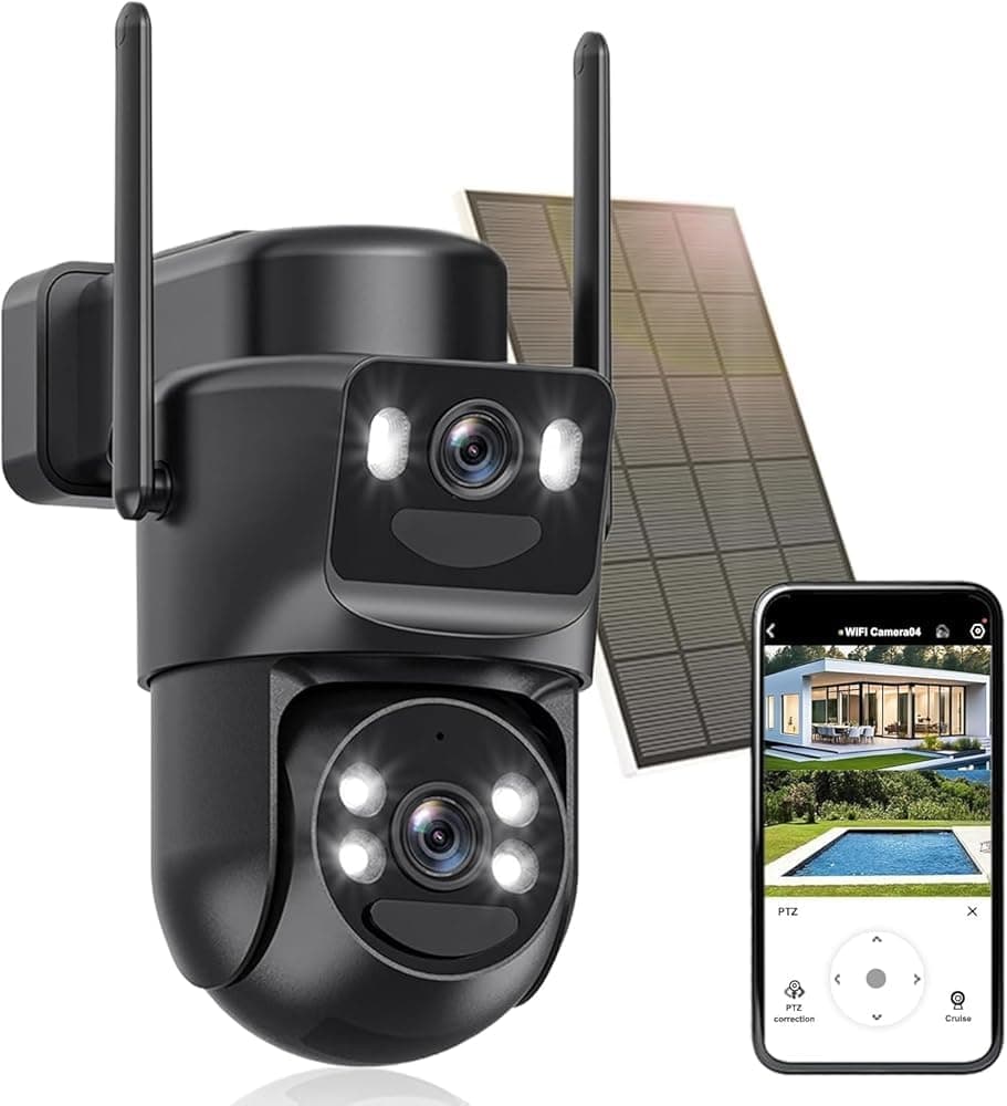 4K Camera Surveillance WiFi Exterieure sans Fil,Camera Solaire/Batterie/Double Objectif,caméras de surveillance Audio Bidirectionnel,360°PTZ Sécurité à Domicile,Suivi Automatique,Vision Vocturne