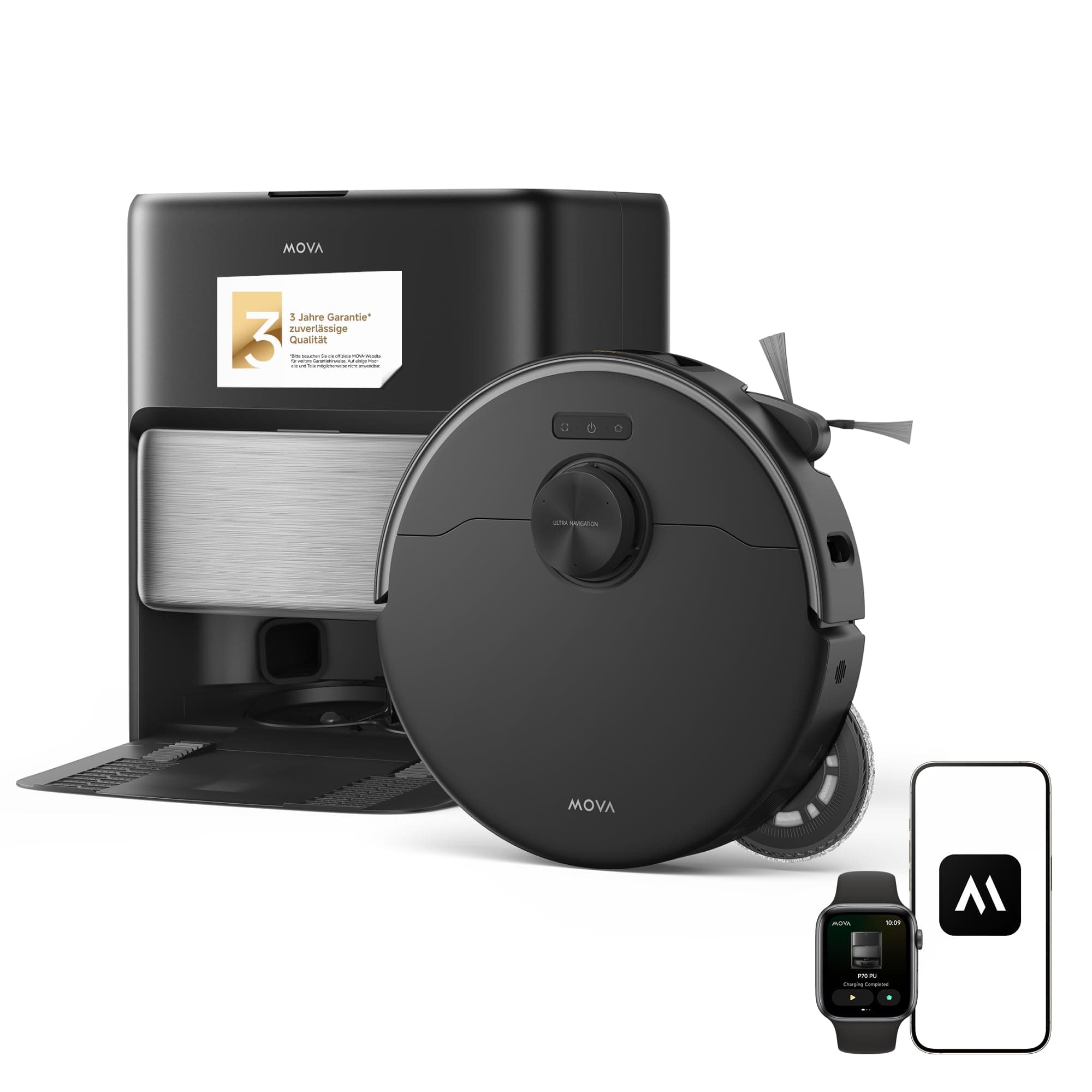 Mova P70 Pro Ultra Saug- & Wischroboter, 30.000Pa Saugkraft, 260U/min Wischmotor, 12N Bodendruck, Seitenbürste & Mopp flexibel erweiterbar, 100°C PTC JetSpray Dryboard, 1 Std. schnelle Mopp-Trocknung