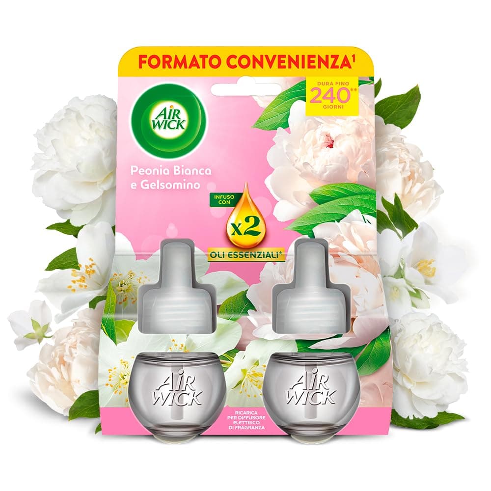 Air Wick Diffusore Elettrico di Oli Essenziali, 2 Ricariche per Diffusore alla Fragranza Peonia Bianca e Gelsomino, Profumatore per Ambienti con Oli Essenziali