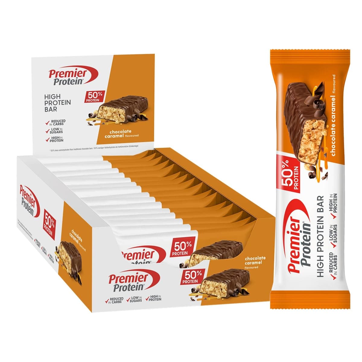 Premier Protein - High Protein Bar 50% - Chocolate Caramel - 16x40g - faible en sucres – pauvre en glucides – sans huile de palme