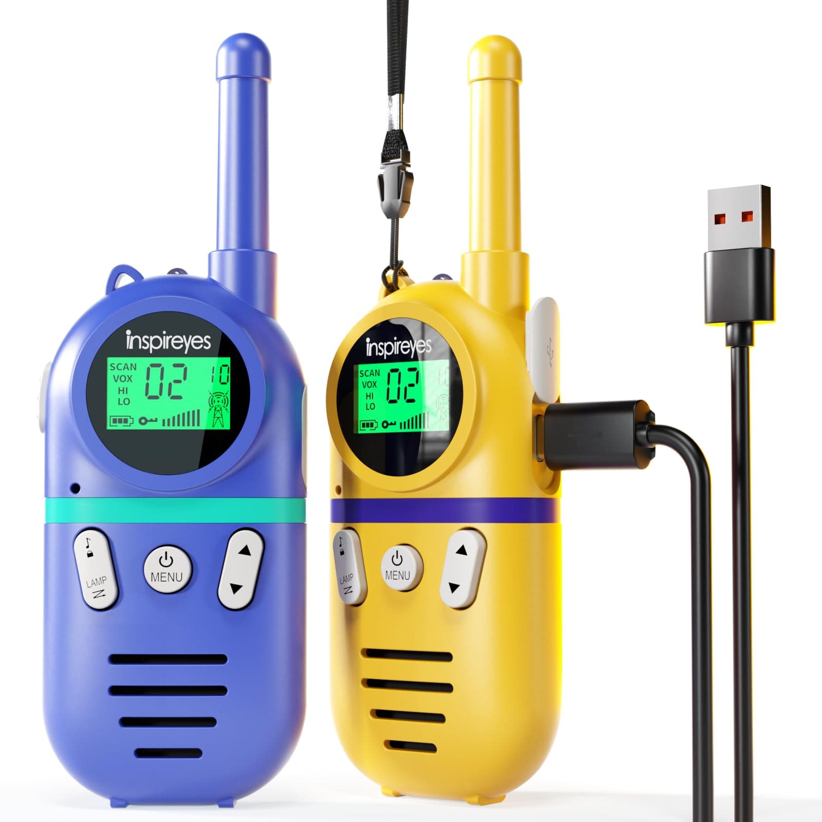 Inspireyes Walkie Talkie Niños Recargable, 48 Horas de Tiempo de Trabajo, 3 kilómetros de Largo Alcance, Regalos de Cumpleaños, Juguetes al Aire Libre para niños de 3 a 12 años, Paquete de 2