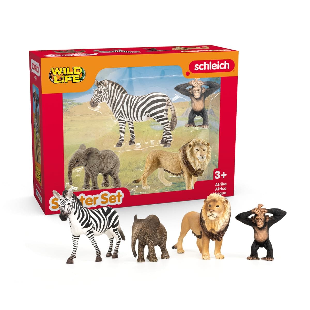 SCHLEICH WILD Life | Afrika Starter Set 42721 mit Elefant, Zebra, Löwe und AFFE | tolles Starterset, Zoo Spielzeug oder Safari Deko | Spielfiguren für Kinder ab 3 Jahren | Set aus 4 Teilen