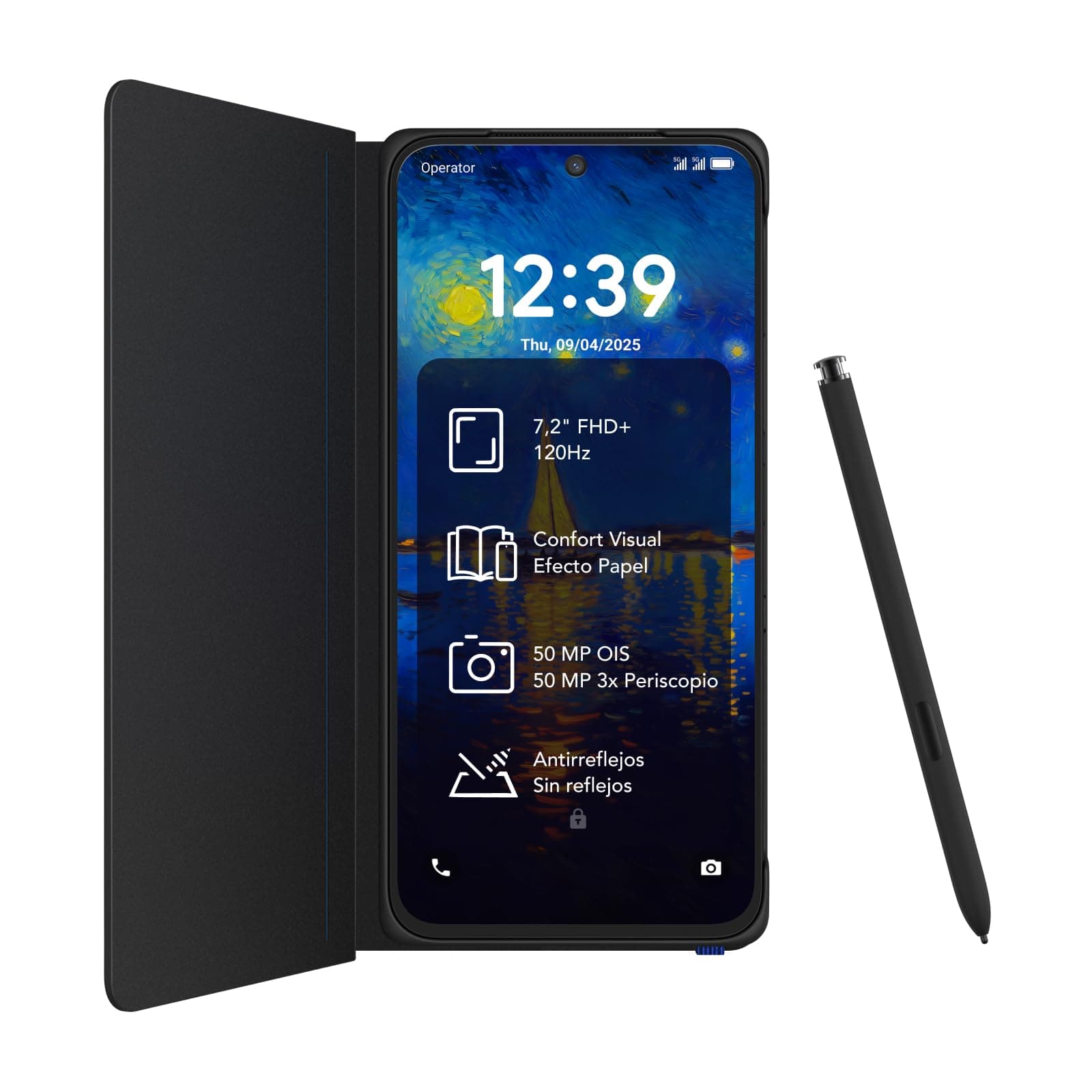TCL NXTPAPER 60 Ultra 5G Smartphone - Negro | 7,2" FHD+ 120Hz | NXTPAPER 4.0 | 12 GB + 512 GB | Cámara Triple 50 MP OIS | Batería 5000 mAh | Incluye Funda Flip + T-Pen | T-Pen Compatible