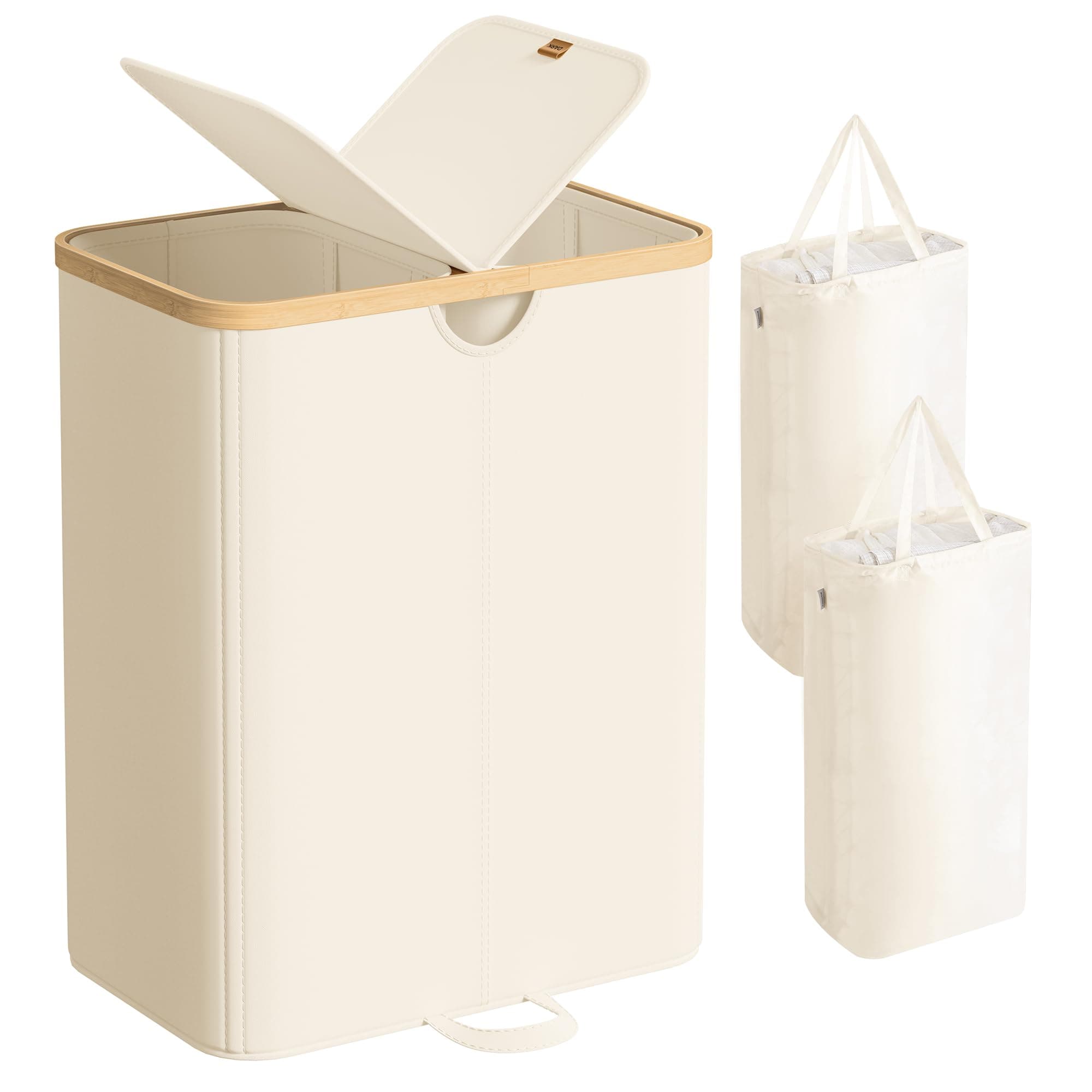 SONGMICS Panier à Linge à 2 Compartiments, 150 Litres, Trieur de Linge Sale avec Couvercle, Sacs Amovibles, pour Buanderie, Chambre, Salon, Blanc Crème et Beige Naturel LCB523W01
