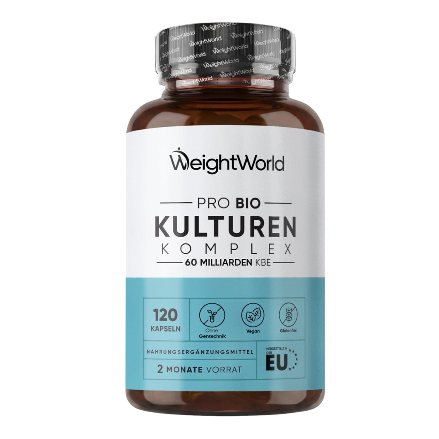 Pro Bio Kulturen Komplex - 60 Milliarden KBE pro Portion - Mit 20 Bakterienstämmen, Bio Inulin, FOS - 120 Kapseln - 2 Monate Vorrat - Mit Lactobacillus Reuteri & Bifidobacterium Infantis - WeightWorld