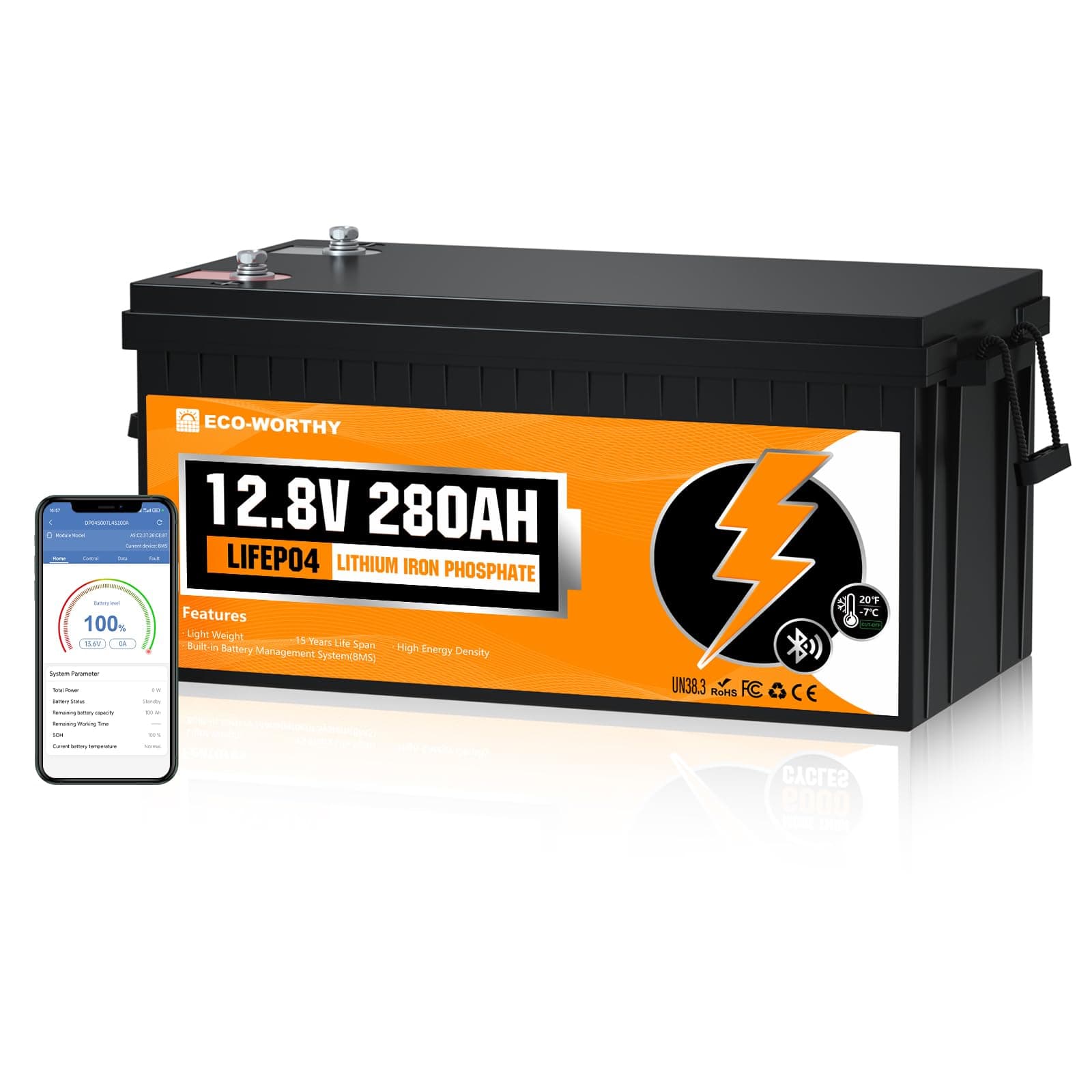 ECO-WORTHY LiFePO4 Batteria al Litio 12V 280Ah Bluetooth con protezione BMS a bassa temperatura e max. 15000 cicli, 3584Wh batteria auto per camper, barca, pannello solare