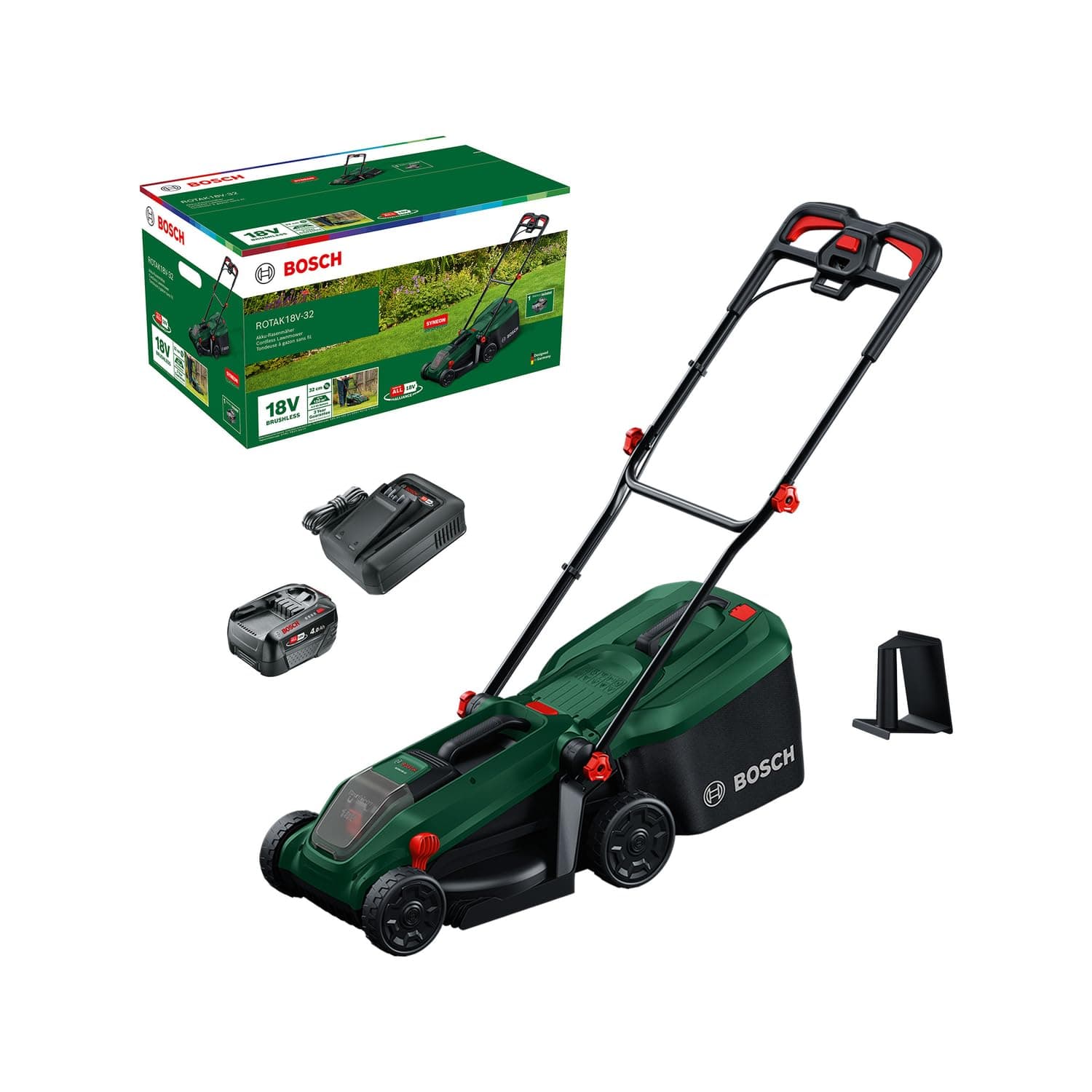 Bosch Rasaerba a batteria ROTAK18V-32 (larghezza di taglio: 32 cm, altezza di taglio: 25-65 mm, sacco raccoglierba in tessuto da 35 l, tappo per pacciame, inclusi batteria e caricabatteria)