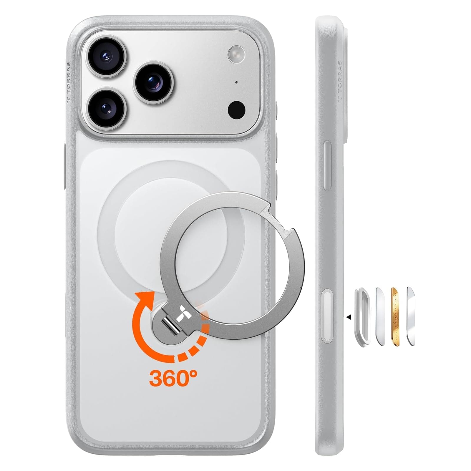 TORRAS Ostand Q3 Spin für iPhone 17 Pro Hülle (360°Stabilen Ständer für Magsafe) Militärschutz Handyhülle für iPhone 17 Pro Case mit Kamera-Tastenschutz Schlank Kratzfeste Matt Rückseite Silbergrau