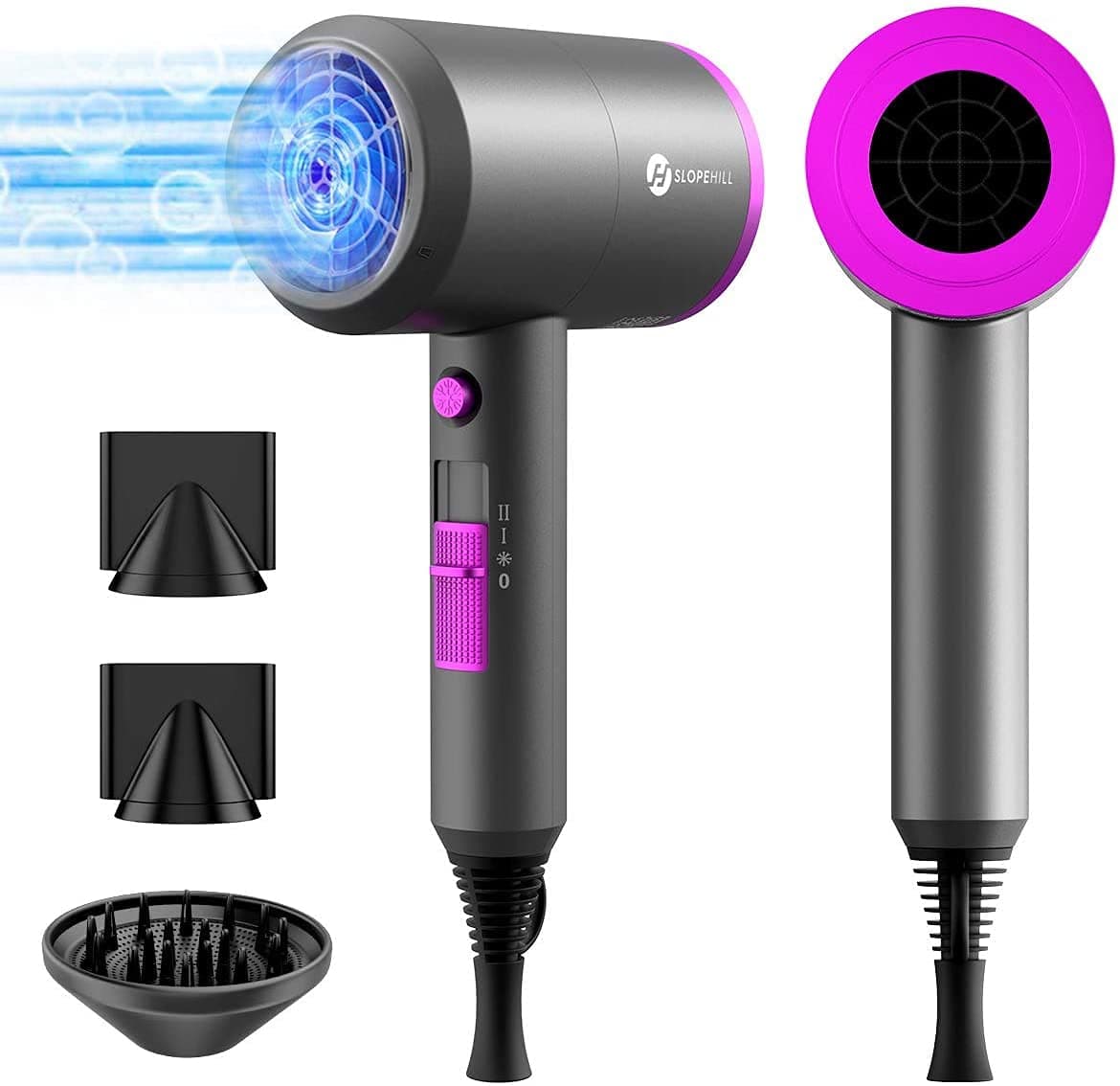 Ionen Föhn AC Motor 1800W Haartrockner, slopehill Schnelltrocknen Hair Dryer, Salon Haarfön mit Heiß-/Kalttaste, 3 Fön Concentrators and Diffuser, 3 Temperatureinstellungen, 2-Gang（Violett）