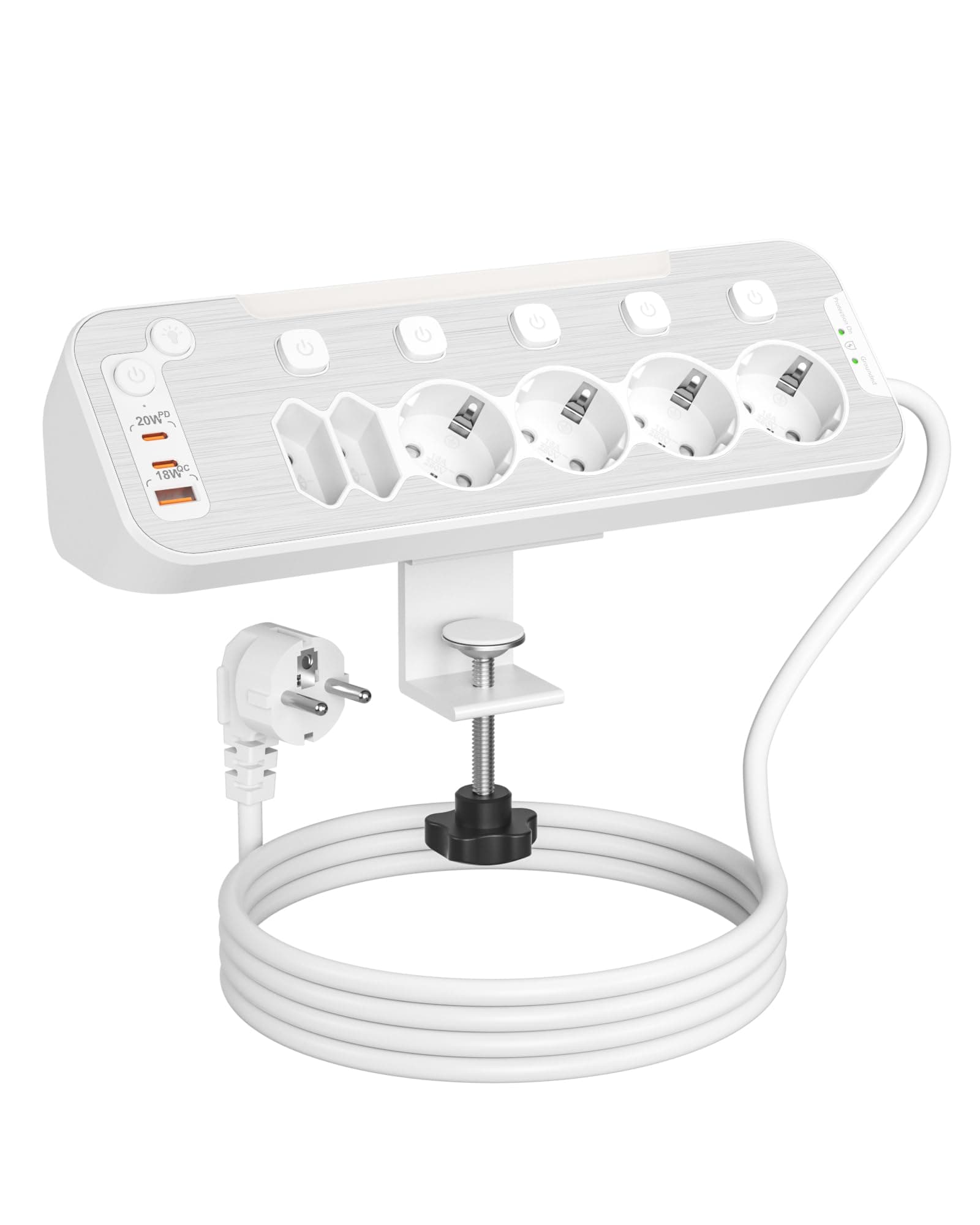 Toma de Mesa con USB C,Regleta Enchufes Proteccion Sobretension,Regleta Escritorio 6 Enchufes con Interruptor Independiente,Enchufe Multiple 6 Tomas con Dispositivo de Sujecióncon y Cable 2M,Blanco