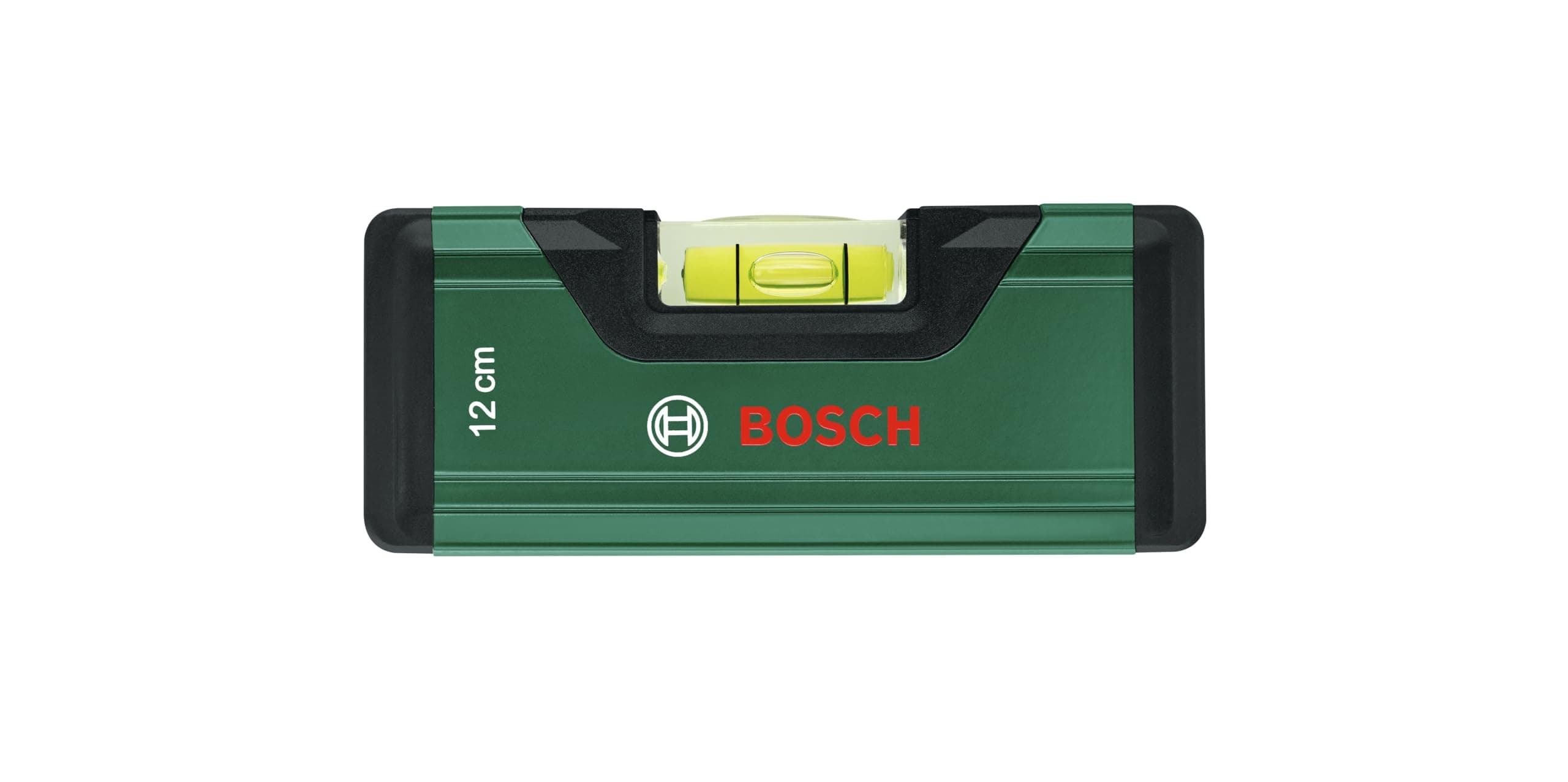 Bosch Wasserwaage 12cm (Mini-Wasserwaage; präzises Ausrichten mit fluoreszierender Libelle für horizontales Ablesen; Aluminiumgehäuse; Softgrip-Stoßfänger; V-Nut)