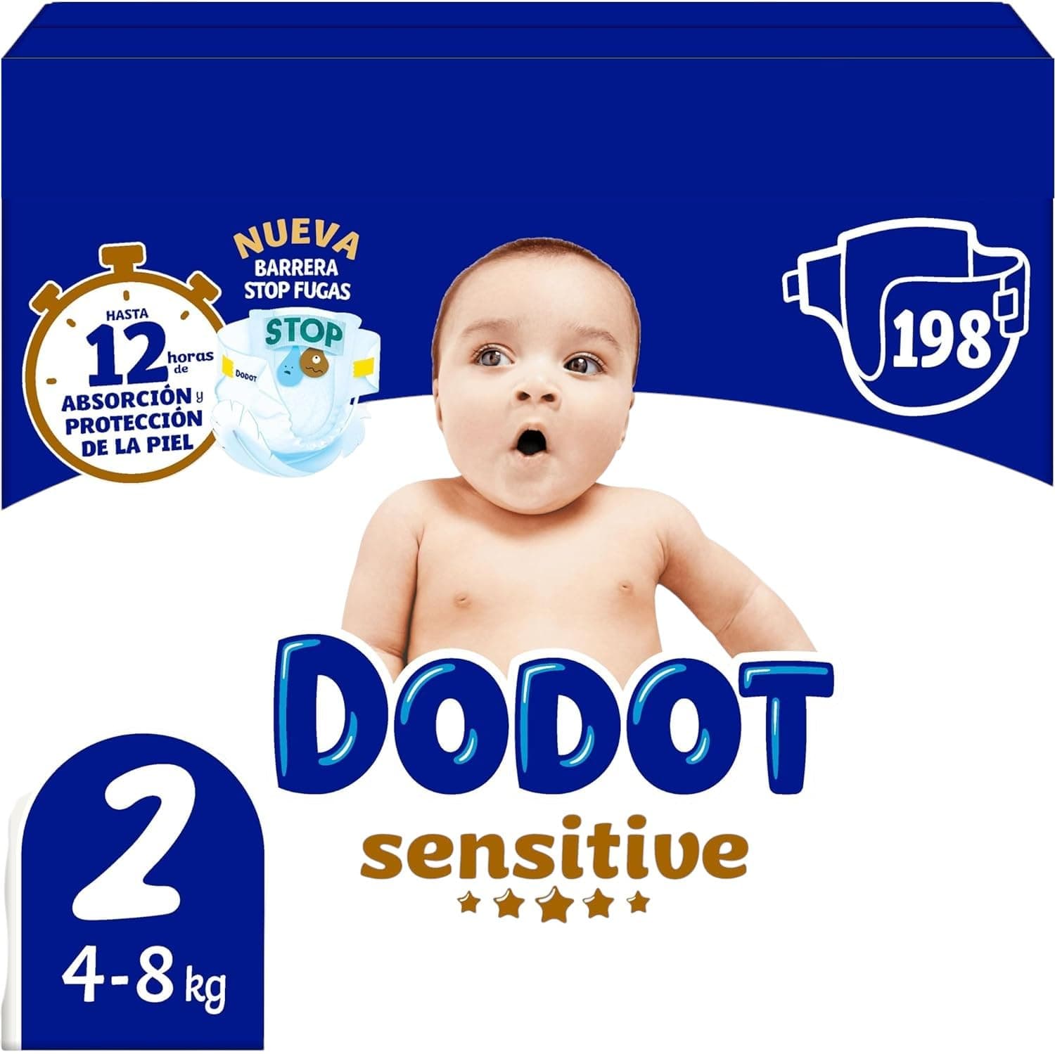 Dodot Couches bébé Sensitive Taille 2 (4-8 kg), 198 couches + 1 Pack de 40 Lingettes Gratuites Soin Total Aqua, Absorption et Protection de la Peau de Dodot, Pack Mensuel