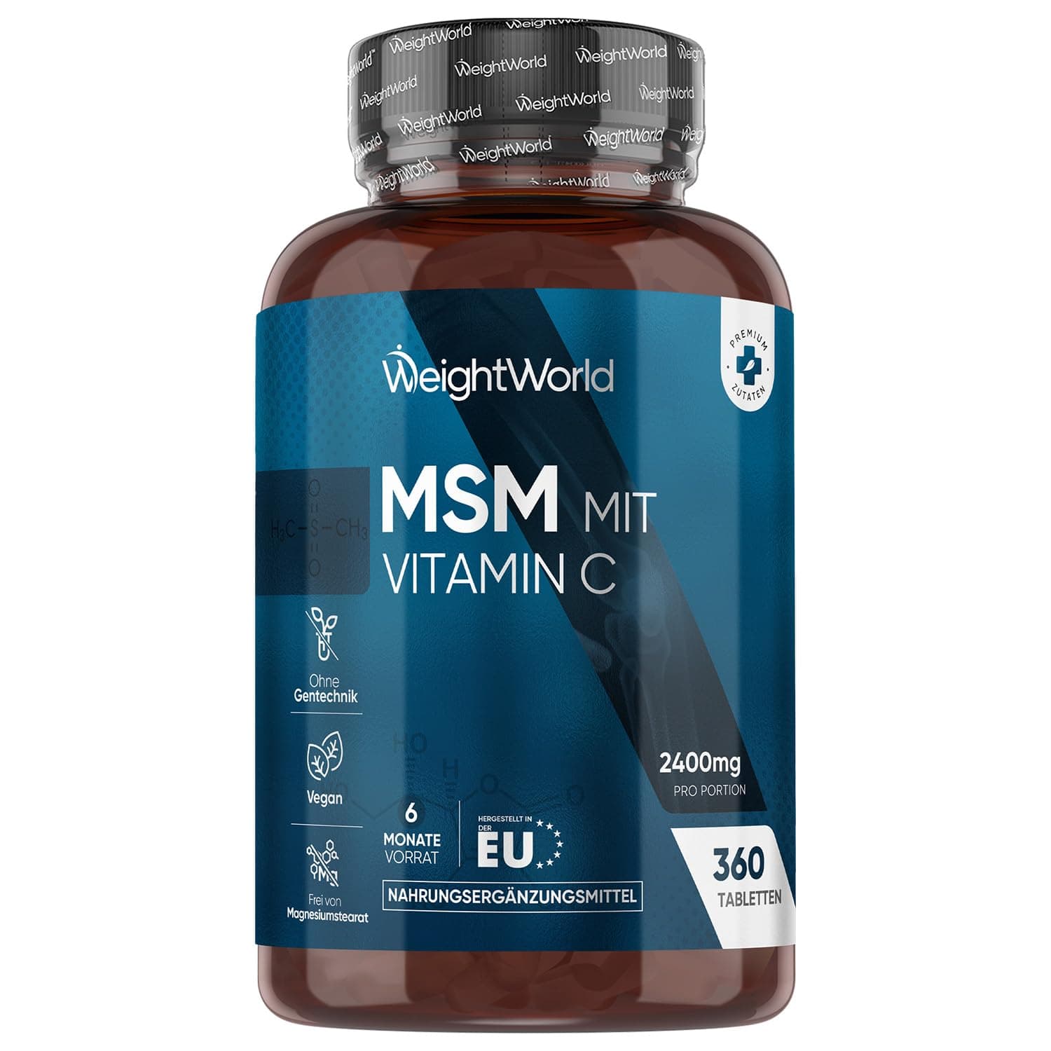 MSM Tabletten - 2400mg mit 100mg Vitamin C - 360 vegane Tabletten für 6 Monate Vorrat - Methylsulfonylmethan & Vit C - Alternative zu MSM Pulver & Kapseln - Frei von Magnesiumstearat - WeightWorld