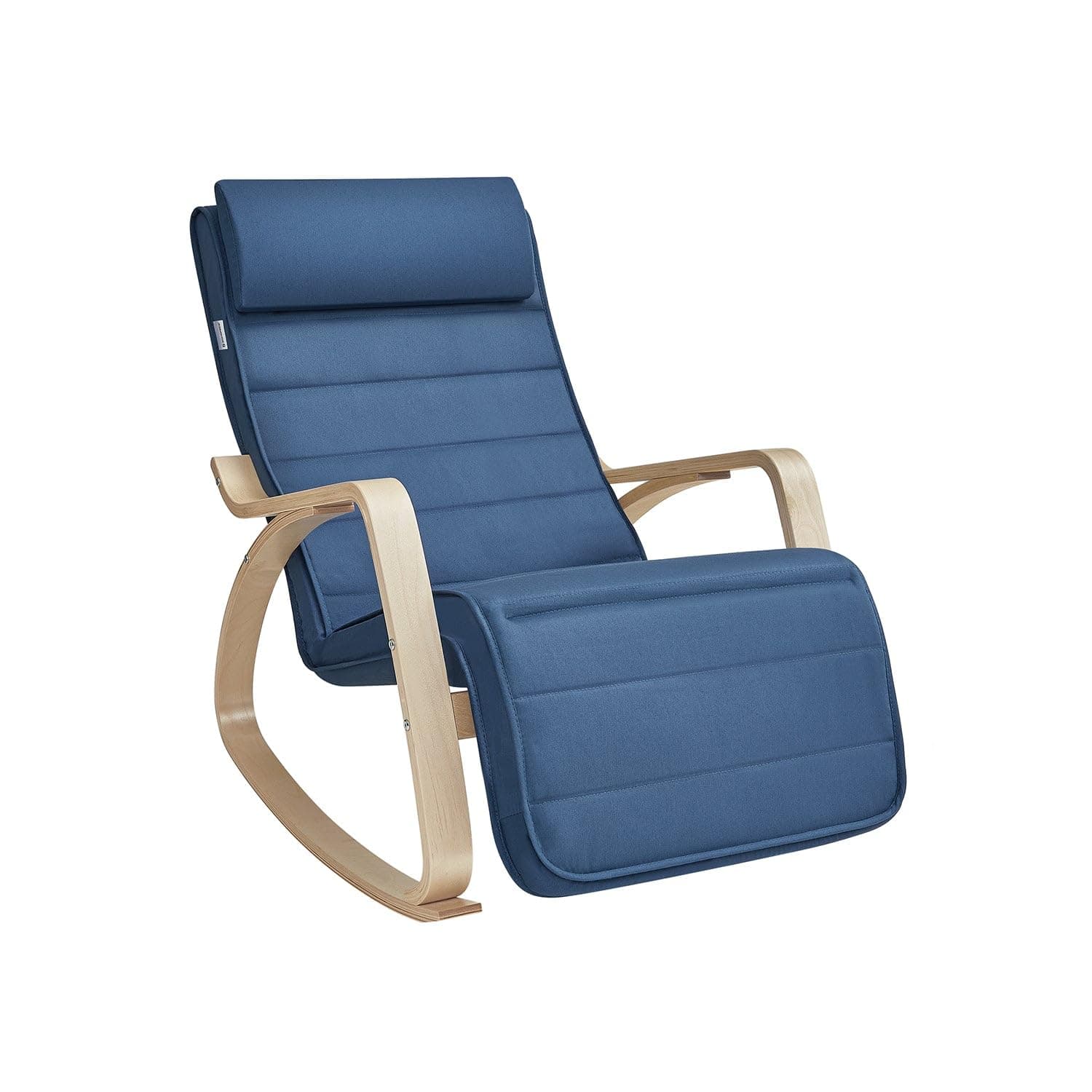 SONGMICS Schaukelstuhl, mit Armlehnen aus Birkenholz, Schaukelsessel, 5-Fach verstellbare Fußstütze, bis 150 kg belastbar, für Schlafzimmer, Wohnzimmer, mitternachtsblau-naturfarben LYY010Q01
