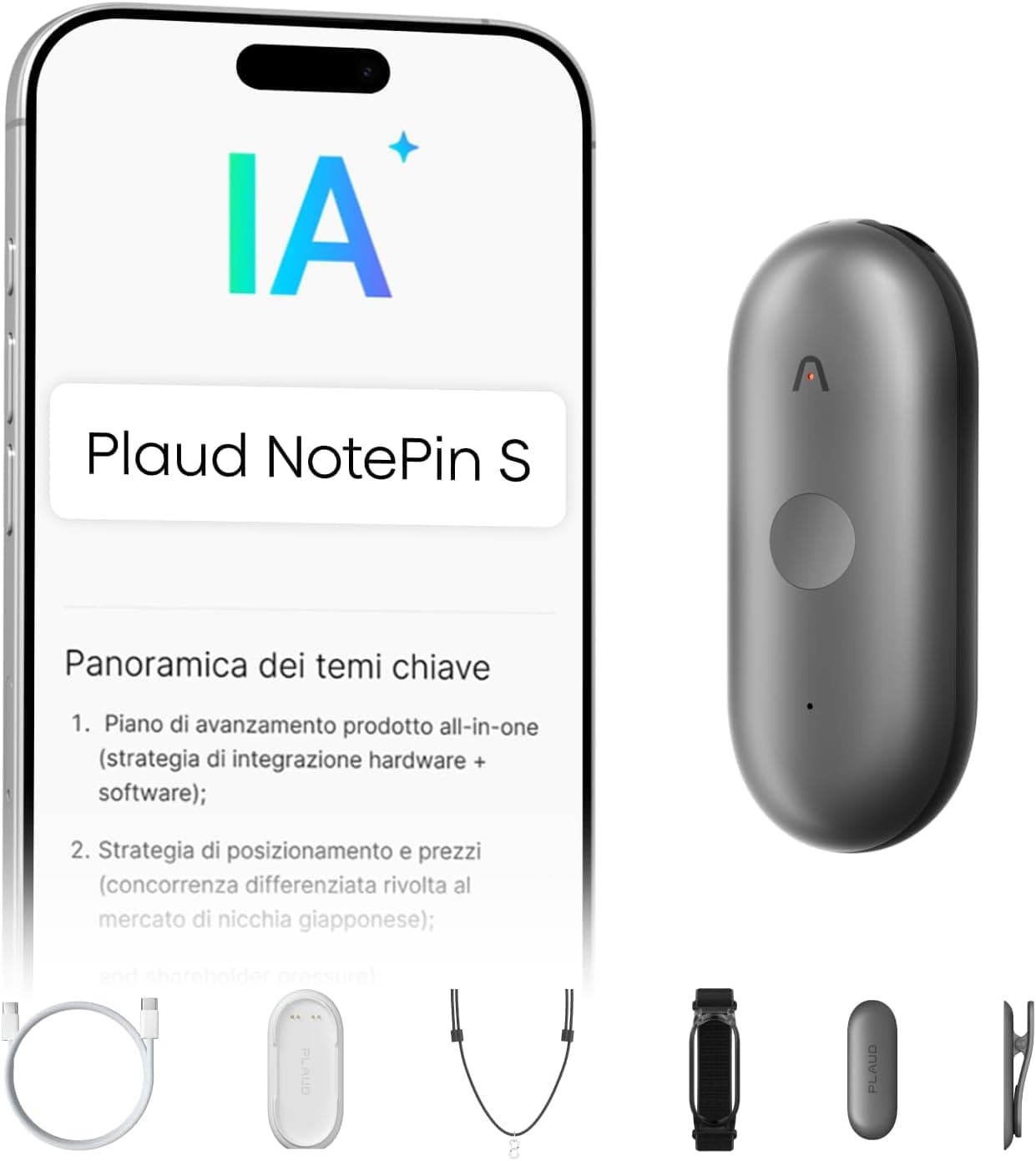 Plaud NotePin S Registratore Vocale AI Pulsante di Registrazione Tattile Audio Digitale Trascrizione Riepilogo Appunti Per Professionisti Sempre in Movimento Riunioni Lezioni con 4 Accessori, Grigio