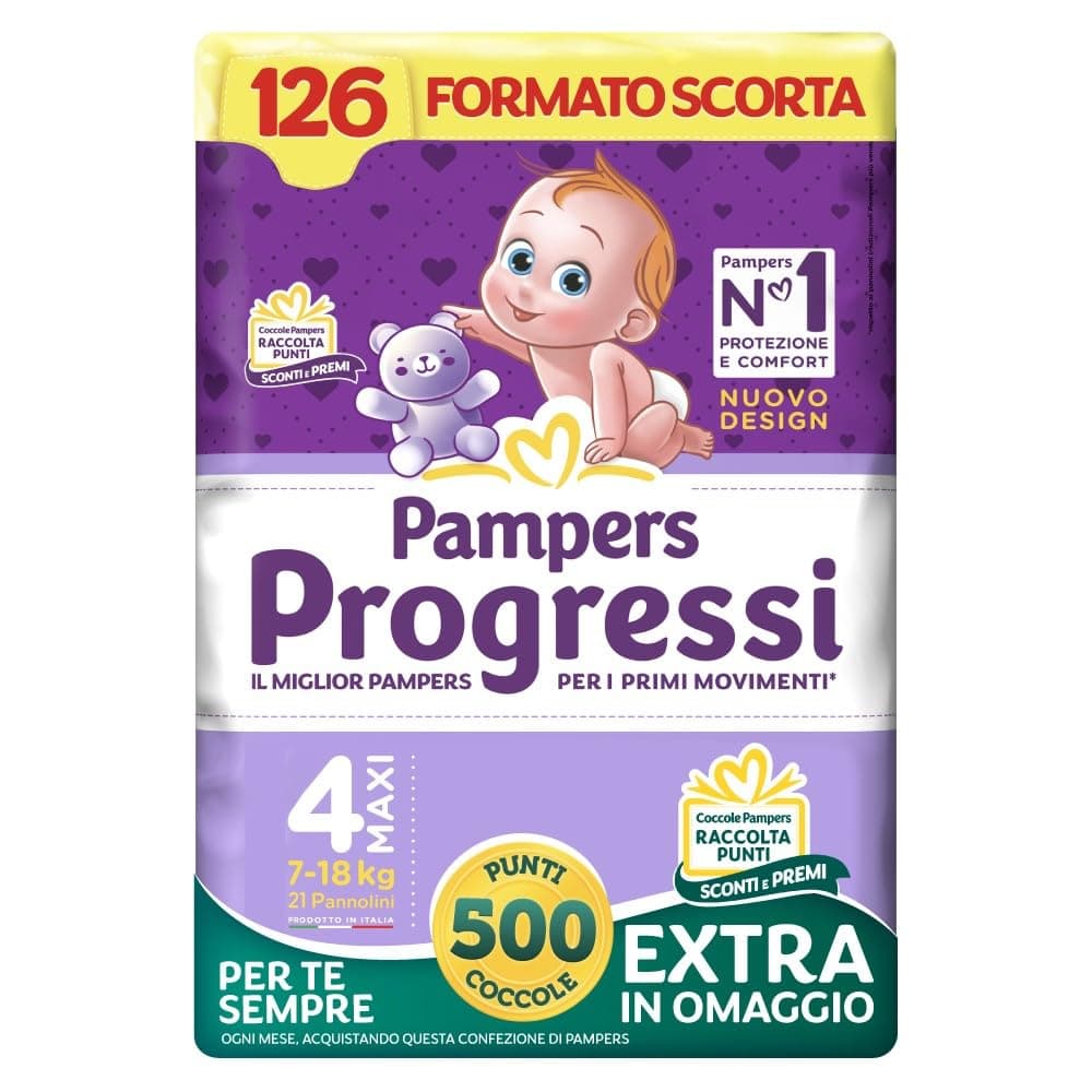 Pampers Progressi Maxi, Taglia 4 (7-18 kg), Formato Scorta, Indicatore di Bagnato, Pelli Delicate, Linguette Rinforzate, Anti-Fuoriuscite, 126 Pannolini Bambino + 500 Punti Omaggio