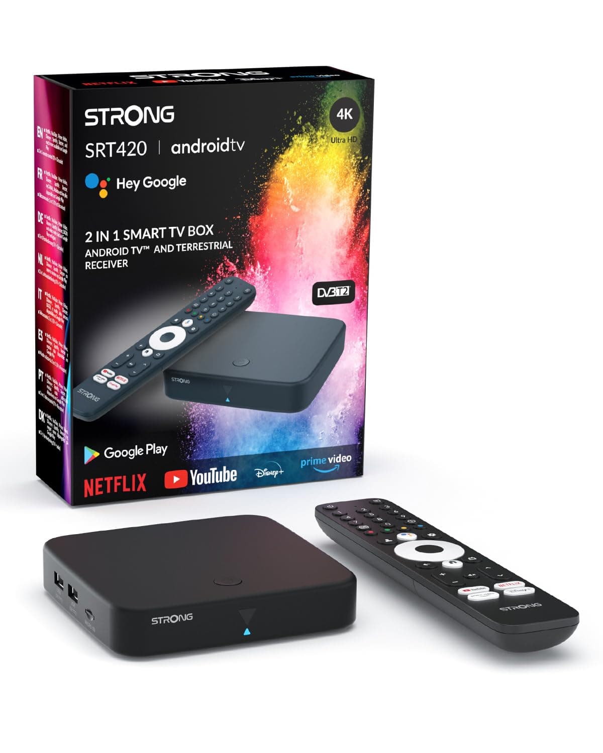 STRONG SRT420 Streaming Box Android TV 4K avec Port Ethernet, DVB-T2, 2GB RAM + 8GB Stockage, Chromecast Intégré, WiFi, Assistant Google Vocal, HDR10+