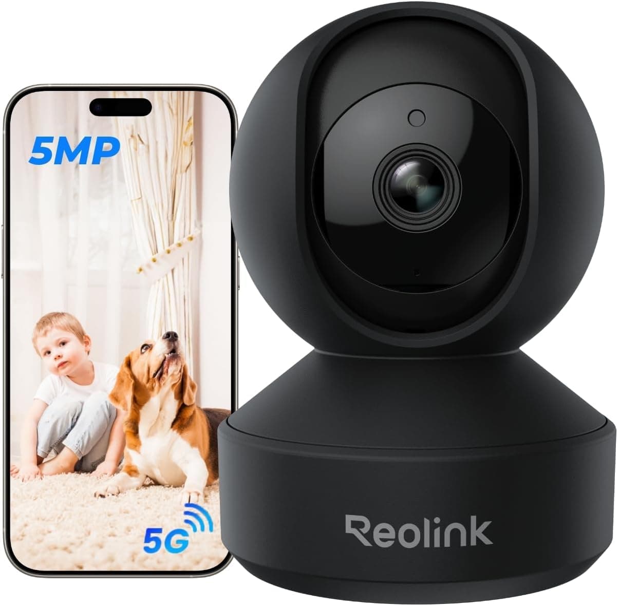 Reolink 5MP Telecamera WiFi Interno, Wi-Fi a Doppia Banda 2.4/5 GHz, Apertura F1.6, Rilevamento Uomo/Animale/Pianto, Copertura a 360°, Inseguimento Automatico, Supporta Alexa, E1 Pro (Nero)