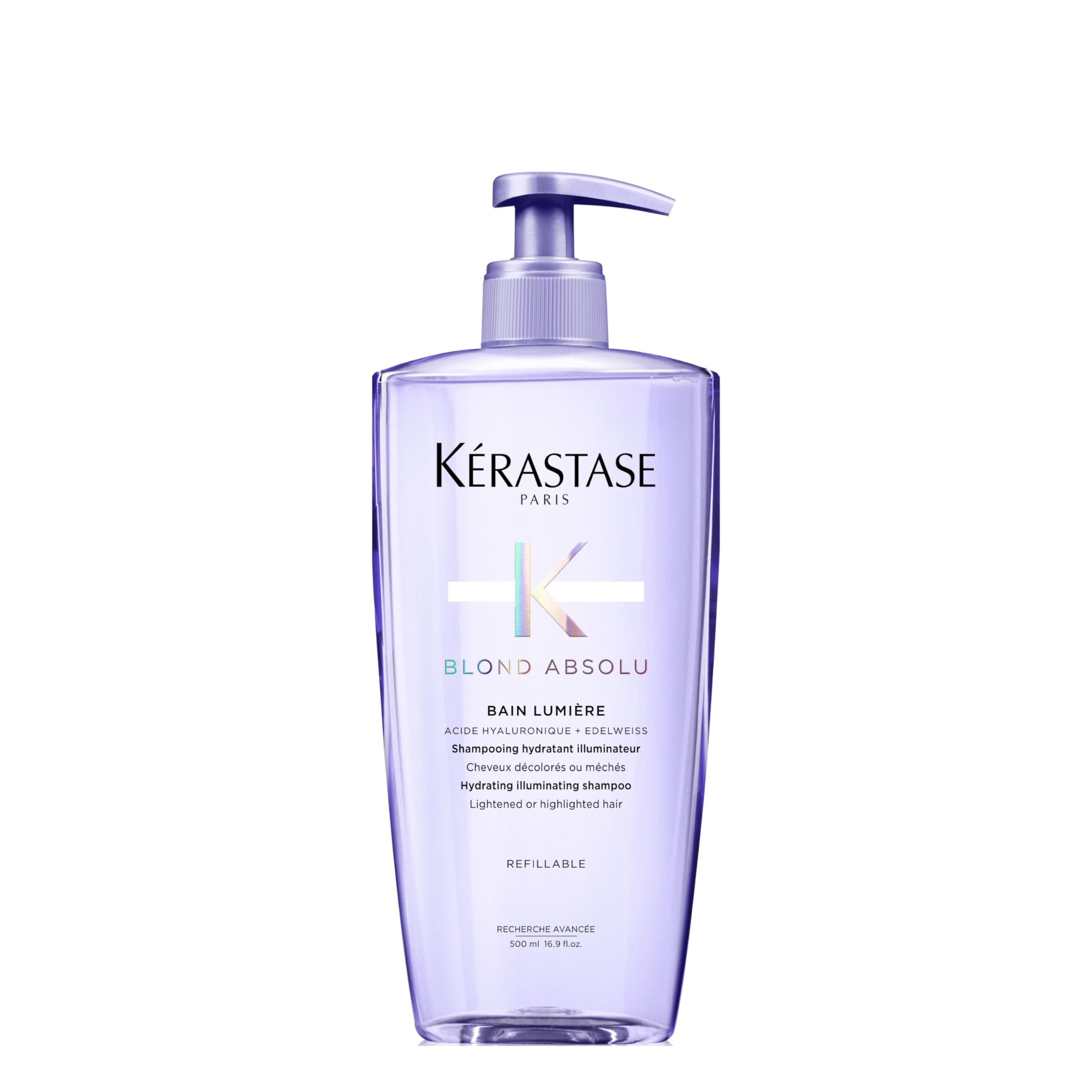 KERASTASE Blond Absolu - Bain Lumière - Shampoing Hydratant Illuminateur - Acide Hyaluronique & Vitamines C+E - Sans Silicone - Vegan - Cheveux Blonds Décolorés ou Méchés - Rechargeable 500 ml