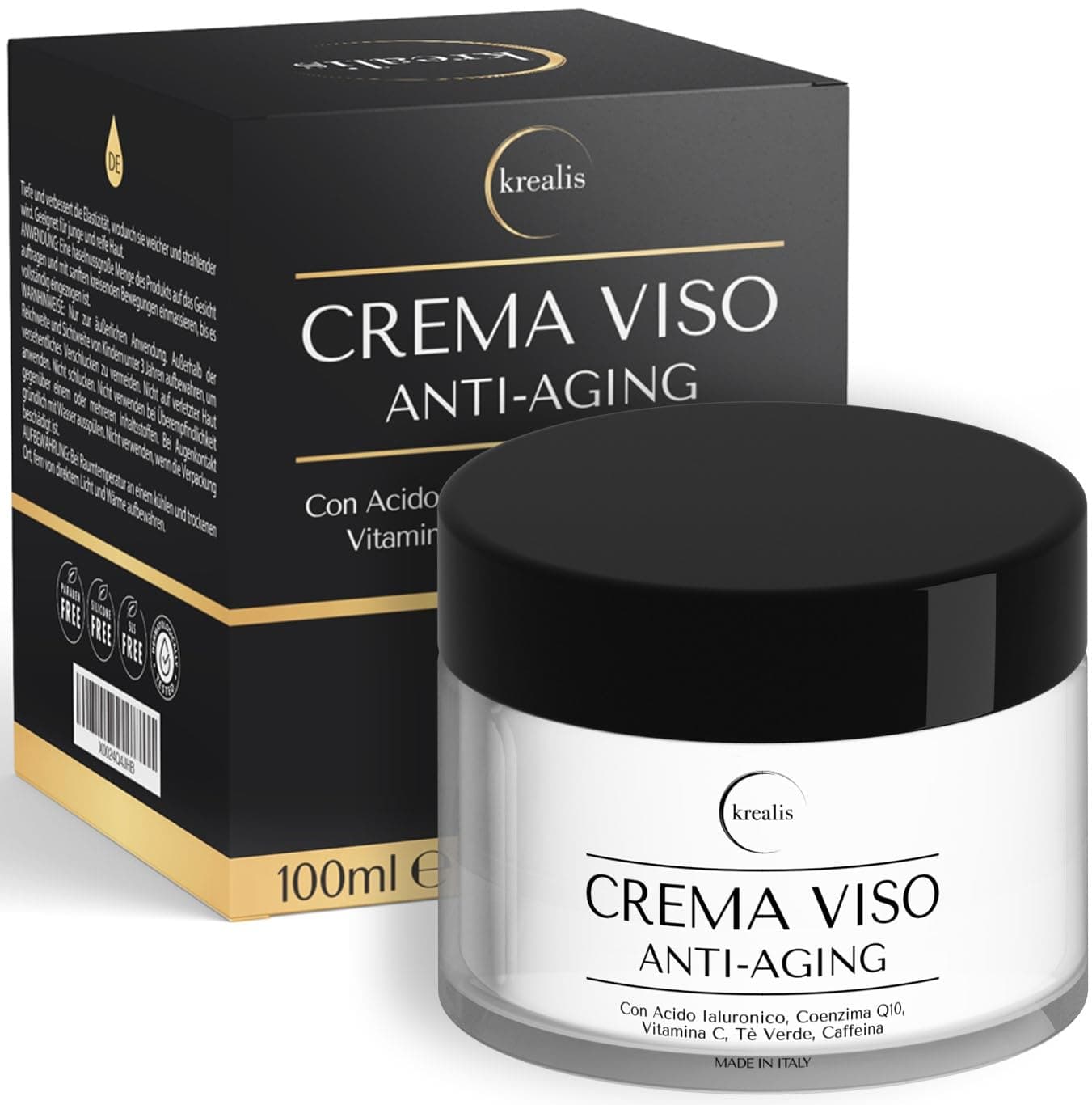 100ml - Crema Viso Antirughe, Crema Idratante Viso con Acido Ialuronico, Coenzima Q10, Vitamina C Giorno e Notte, Crema Antirughe Donna e Uomo, anche per Contorno Occhi.