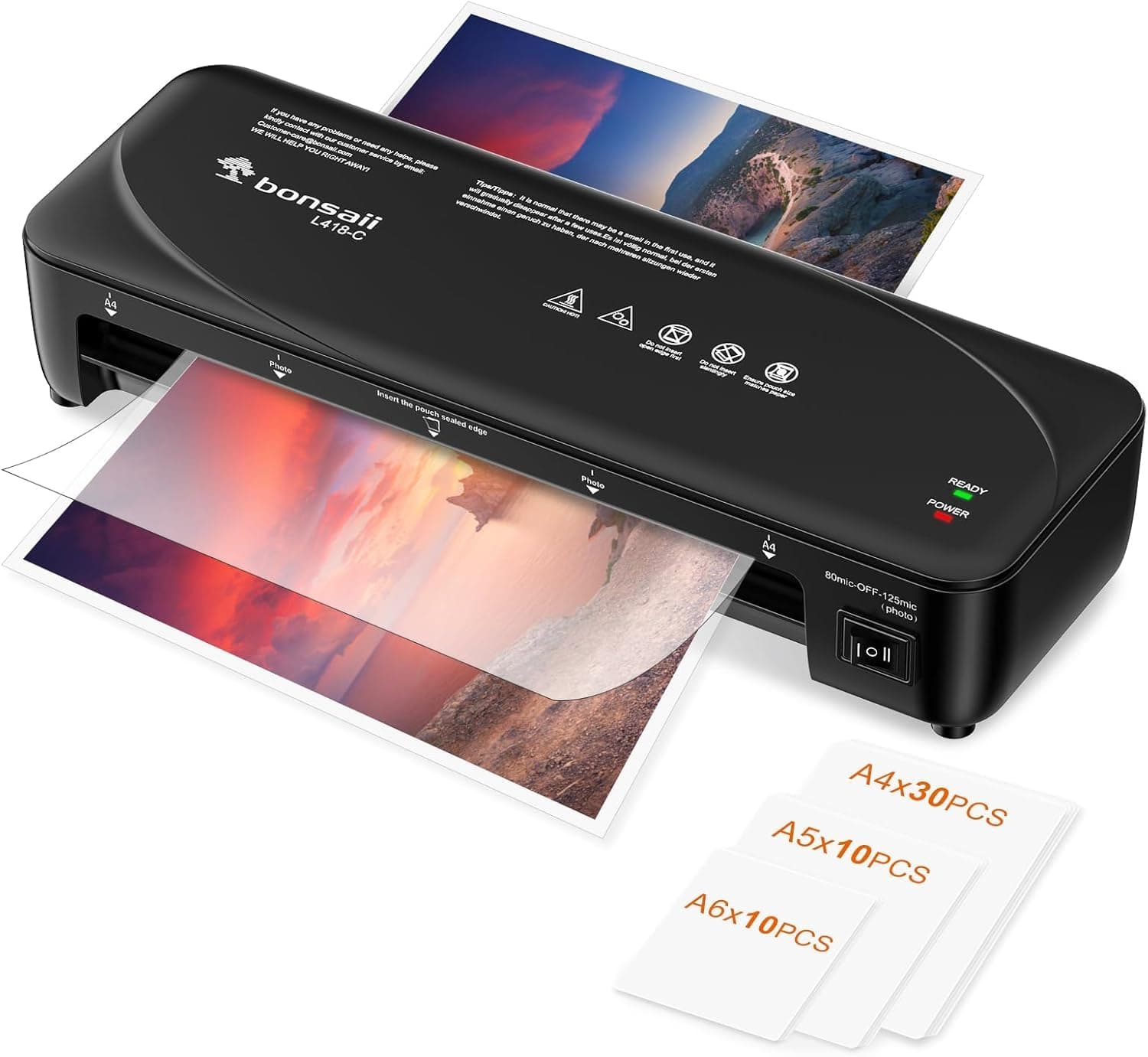 Bonsaii laminadora A4 con tecnología anti-atascos, incluye 50 sobres de laminación (A4/A5/A6), 2 temperaturas, laminado rápido, L418-C