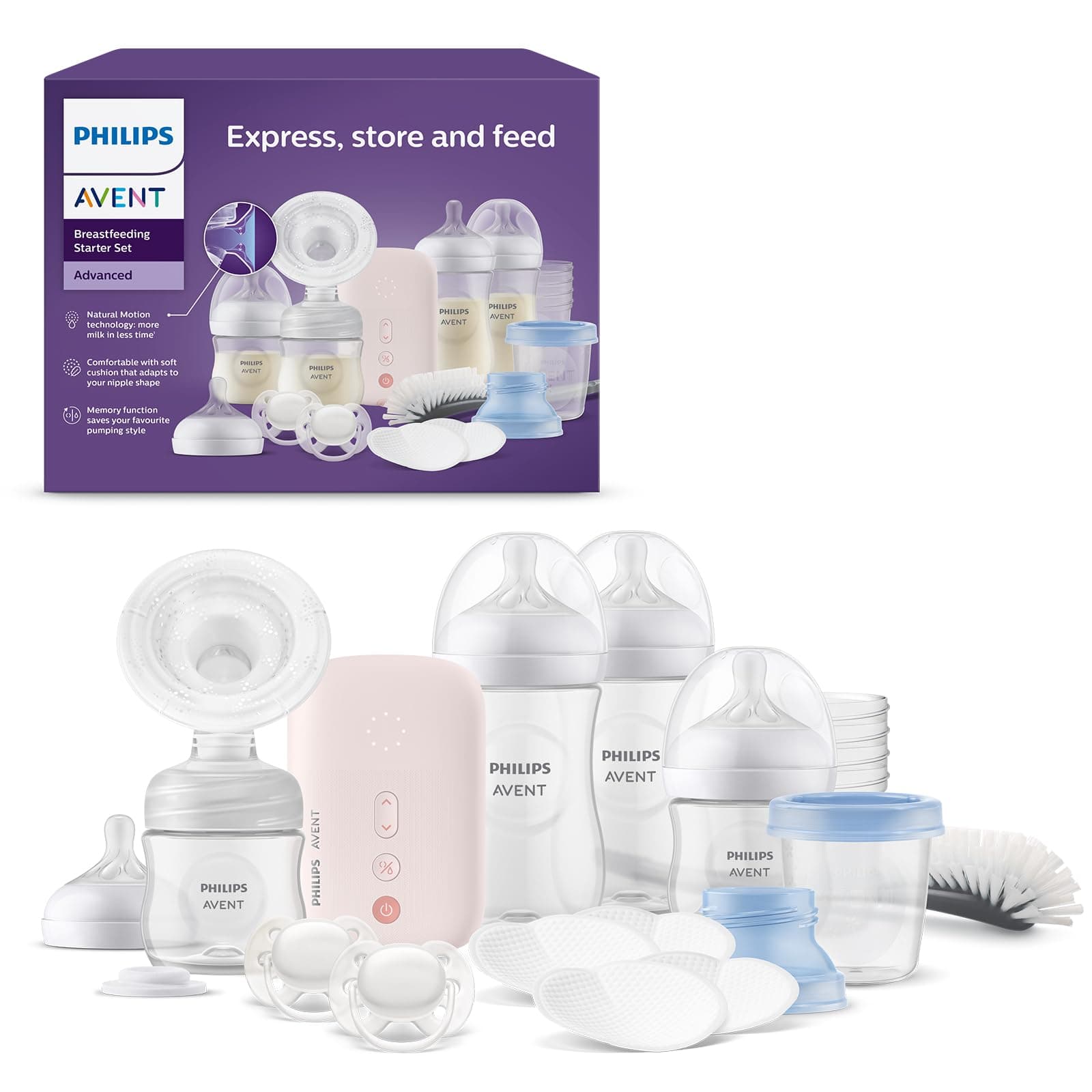 Philips Avent set de regalo para la lactancia materna, extractor de leche eléctrico sencillo con potencia hospitalaria, biberones, chupetes y más, efectivo para las madres, SCD340/31