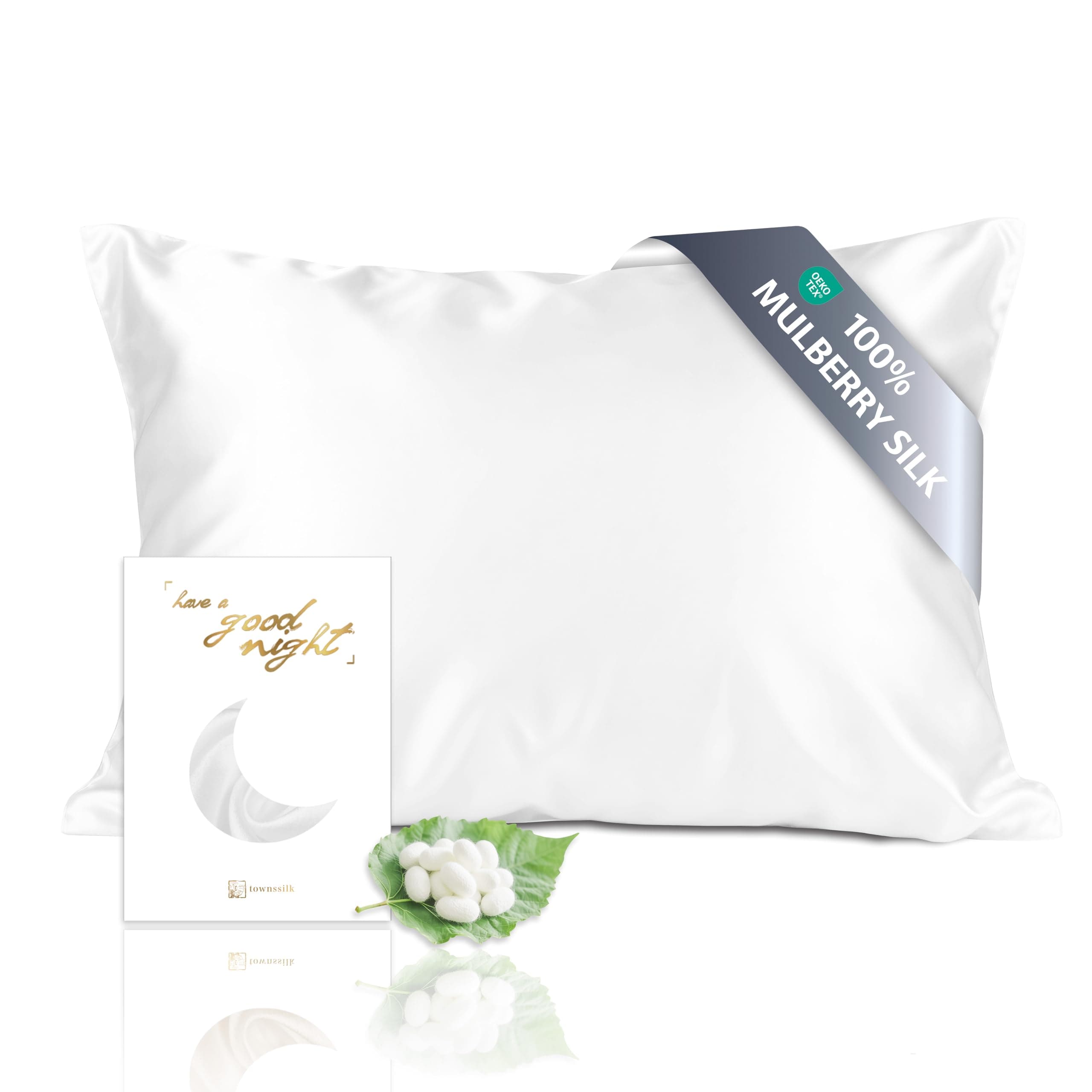 townssilk Funda de almohada reversible de 100 % seda de morera pura de 19 mommes, para la salud del cabello y la piel, 40 x 70 cm, con cremallera oculta, 600 hilos, blanco