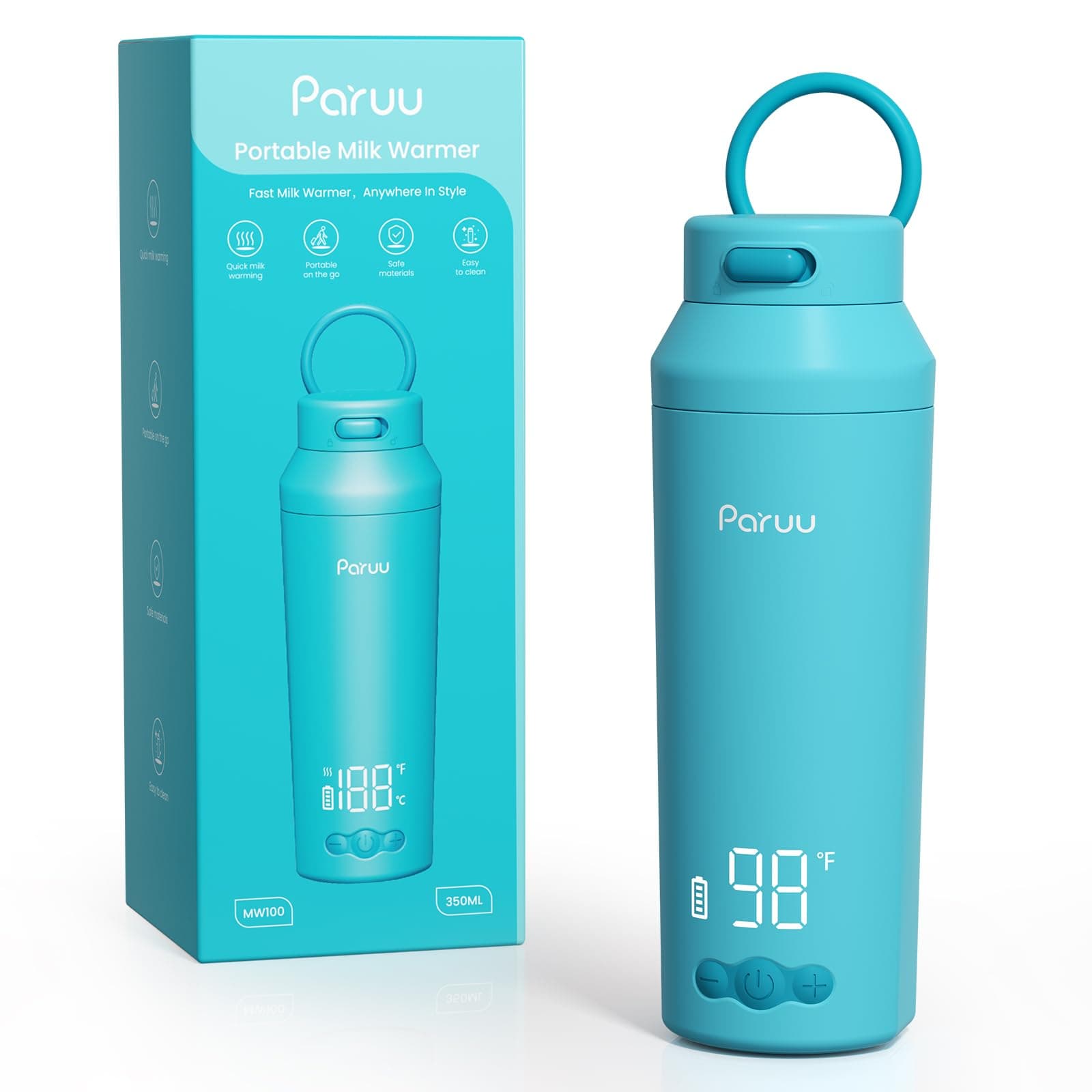 Paruu Chauffe Biberon Portable pour Nomade sans Fil, Chauffage Rapide en 2 minutes, Gros bec Facile à Nettoyer, 7 Niveaux de Température, Charge Rapide 30 W, Capacité 350 ml, Bleu