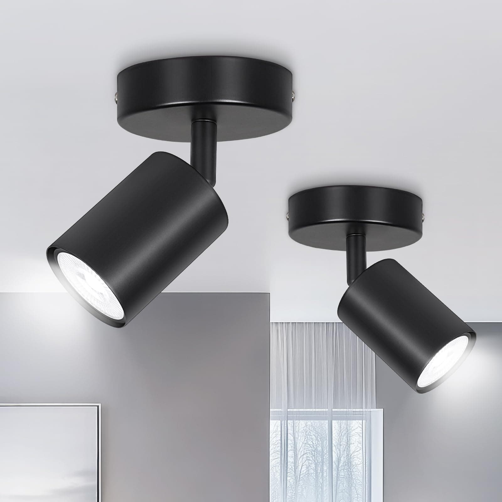 Ketom Faretti da Soffitto Orientabili Base Rotonda, GU10 Lampada Faretti LED Soffitto, Faretto da Parete Neri Moderna, 2 x Plafoniera LED con 1 Faretto per Cucina, Cameretta, Senza Lampadina