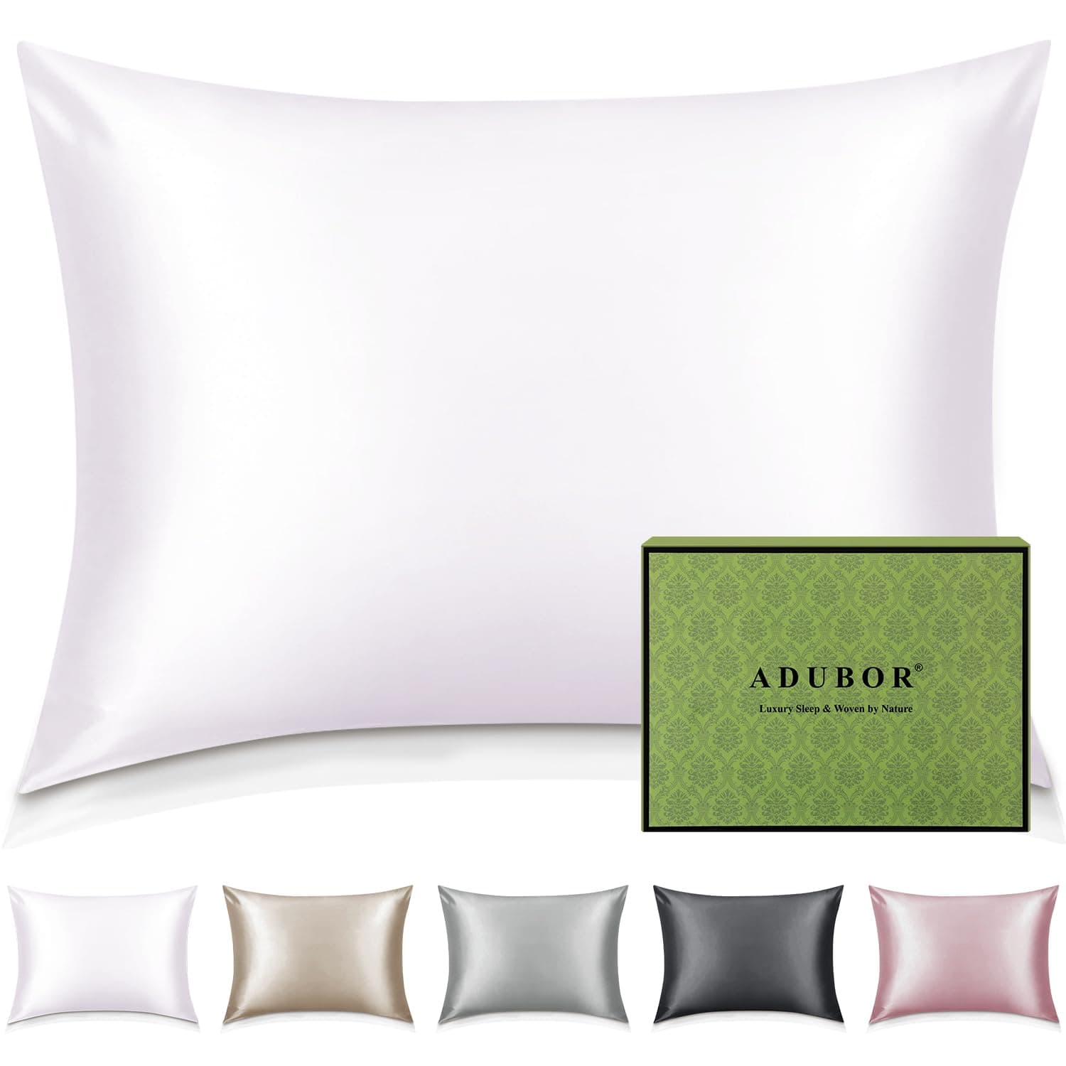 Adubor Taie Oreiller 100% Soie, 22 Momme Soie de Mûrier, Grade 6A, Taie d'oreiller Soie pour la Santé des Cheveux et de la Peau, avec Fermeture Éclair Dissimulée (50×70cm, Blanc, 1 pièce)