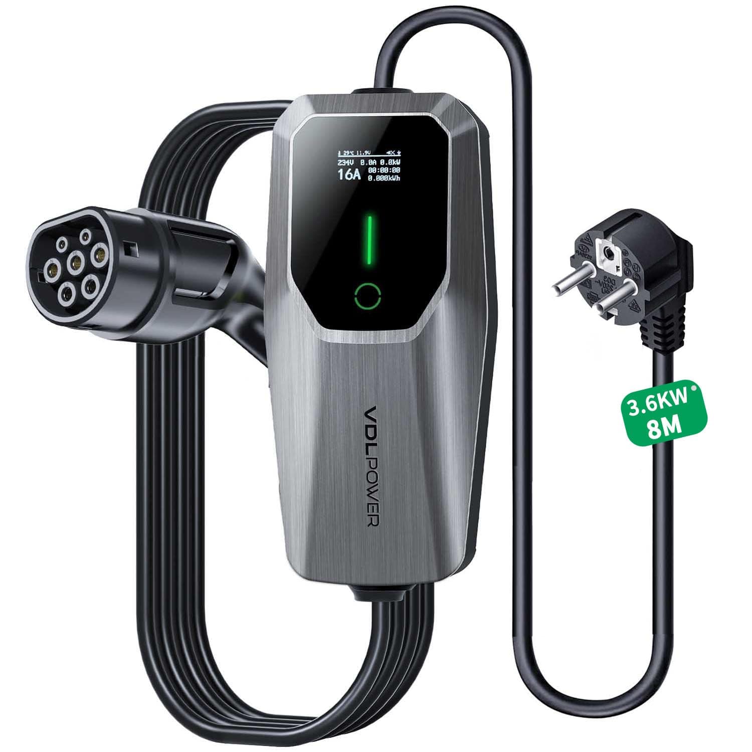 VDLPOWEREU Chargeur Voiture Electrique, 8M 3.6KW EV Chargeur Type 2, Écran Tactile LED, Cable Recharge Véhicule Electrique 6-16A avec EU Schuko Prise, Borne de Recharge Monophasé IP65 (IEC 62196-2)